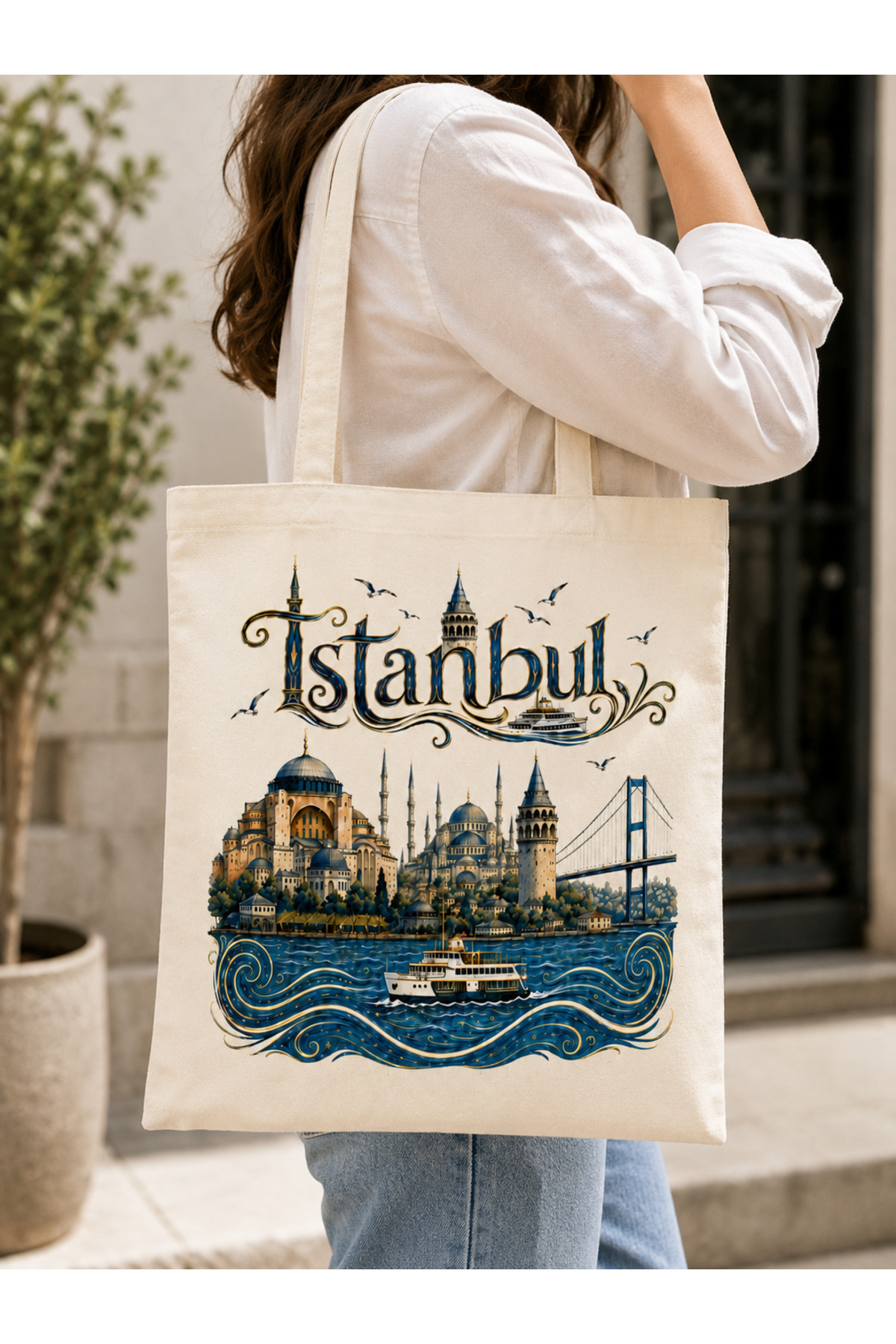 Tomris Hatun İstanbul Temalı, Baskılı Ham Bez Çanta, Omuz Çantası, Alışveriş Çantası