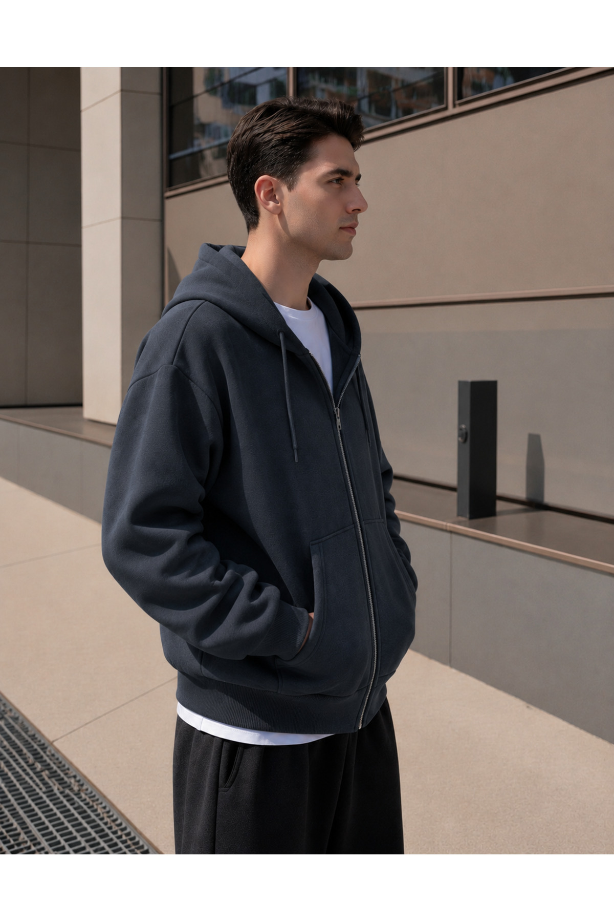 YAKAMEL ERKEK 3 İPLİK FERMUARLI KAPÜŞONLU OVERSİZE RAHAT SWEATSHIRT HIRKA görsel 4
