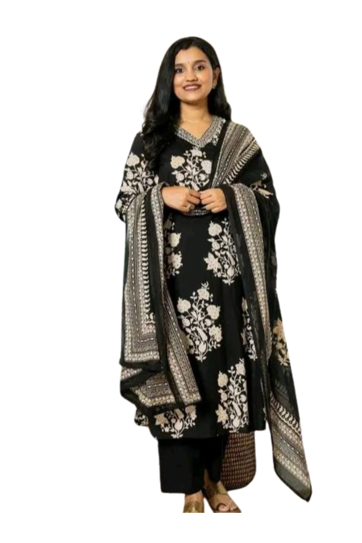 MYSMAR Black Cotton Salwar Kameez & Dupatta Set - ALV2041 | Black-Size:L-40-Inches