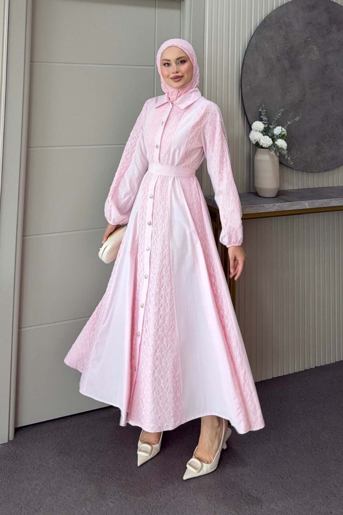Şule Giyim Romantic Lace Detailed Dress Pink