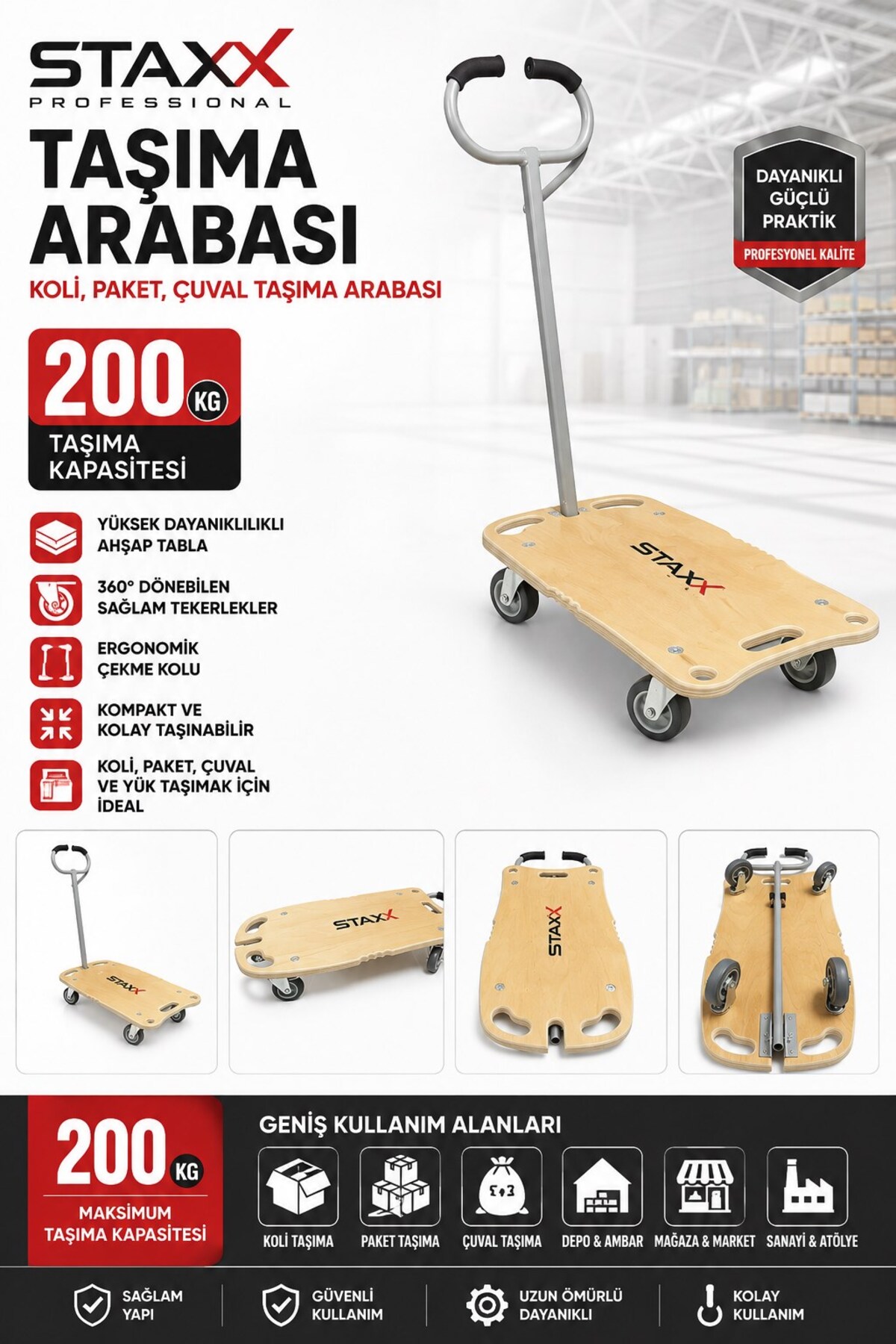 STAXX POWER 200 KG Platform Taşıma Arabası – Katlanır Ahşap Yük Arabası – Buzdolabı, Koli ve Depo Taşıma Arabası