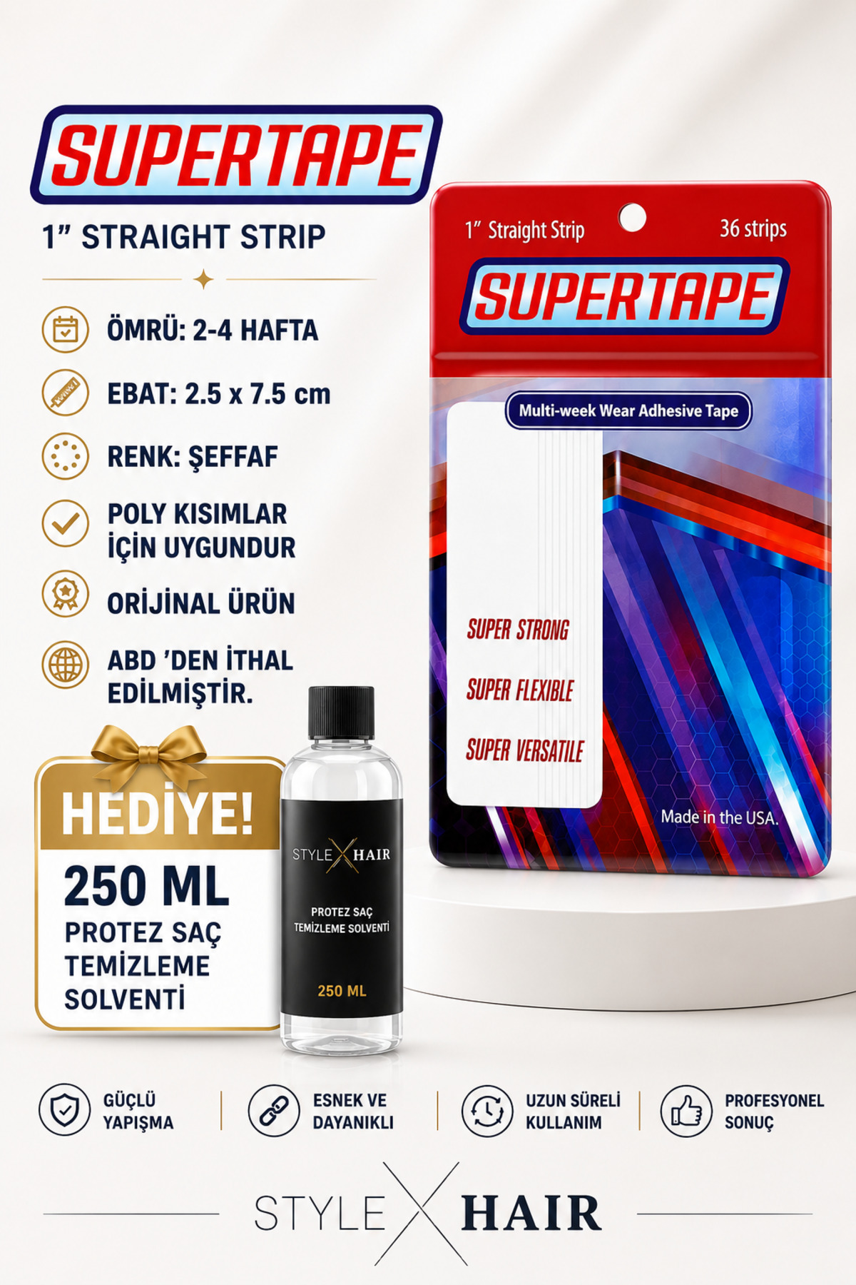 Super Tape Style Hair Supertape 36’lı Düz Protez Saç Bandı 250 ML Protez Saç Solventi Hediyeli — STYST1ST