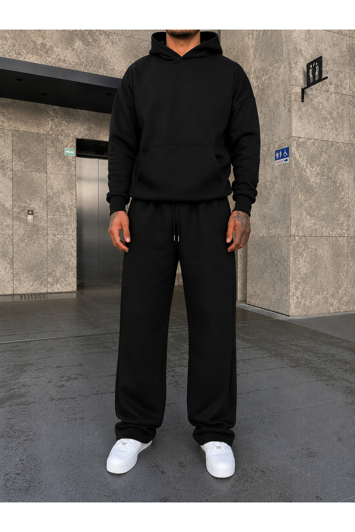 ERKEK Oversize Baggy Kalıp Uygun Basic Günlük Eşofman Takımı — مشکی BRNSFTK7 — تصویر 3 از 4
