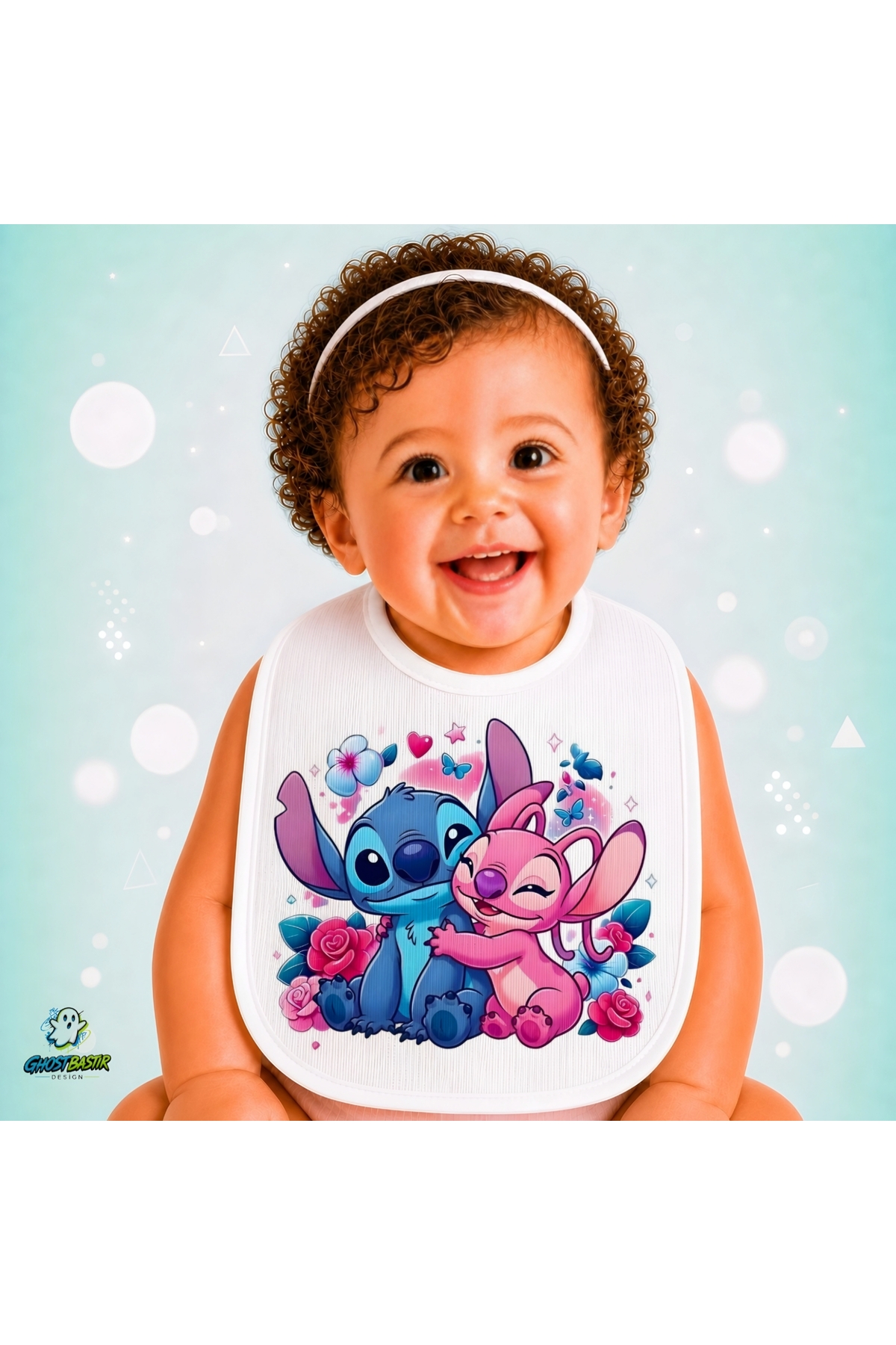 Stitch ve Angel Keten Bebek Mama Önlüğü – Yumuşak, Emici, Yıkanabilir, Özel Tasarım P178