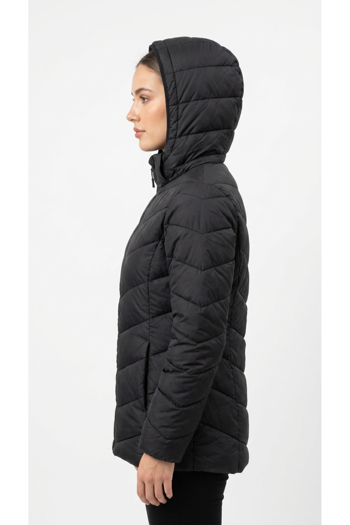 LC Waikiki Kadın Mont Şişme Kapüşonlu Fermuarlı Cepli Balık Sırtı Dikişli Dolgulu Kışlık Puffer Günlük Mont W64342C8 görsel 2