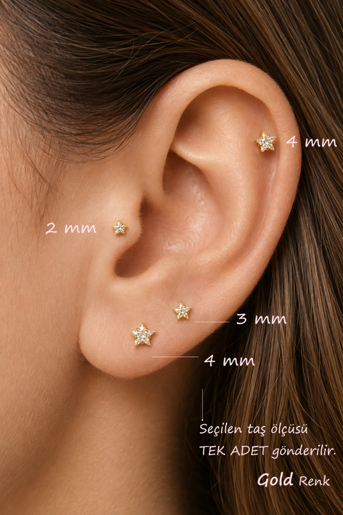moonzy - minimalist & cozy 316L Çelik Yıldız Taşlı Labret Piercing 6 mm, Zirkon Tektaş Helix Tragus Küpe