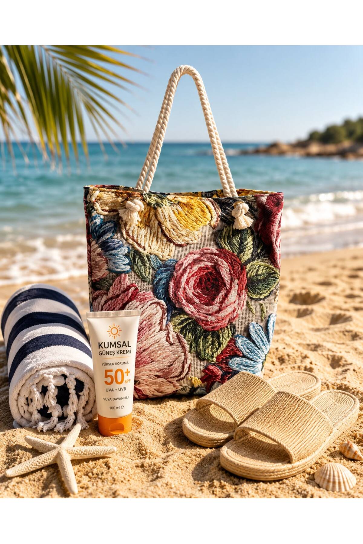 MENUSE ÇANTA Premium Floral Patterned Large Size Beach Bag with Rope Handles | Summer Women's Shoulder Bag