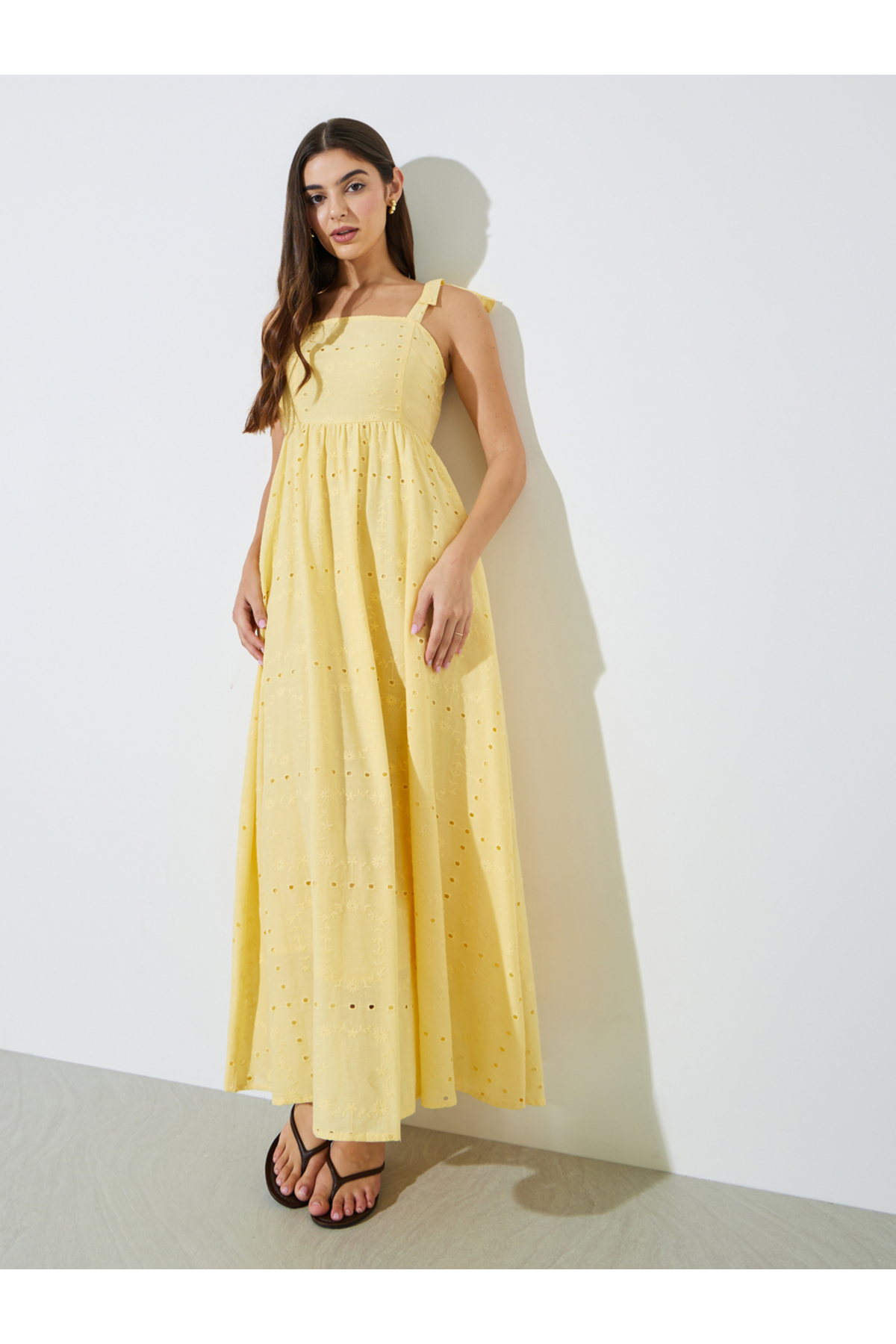Styli Yellow Schiffli A-Line Maxi Dress