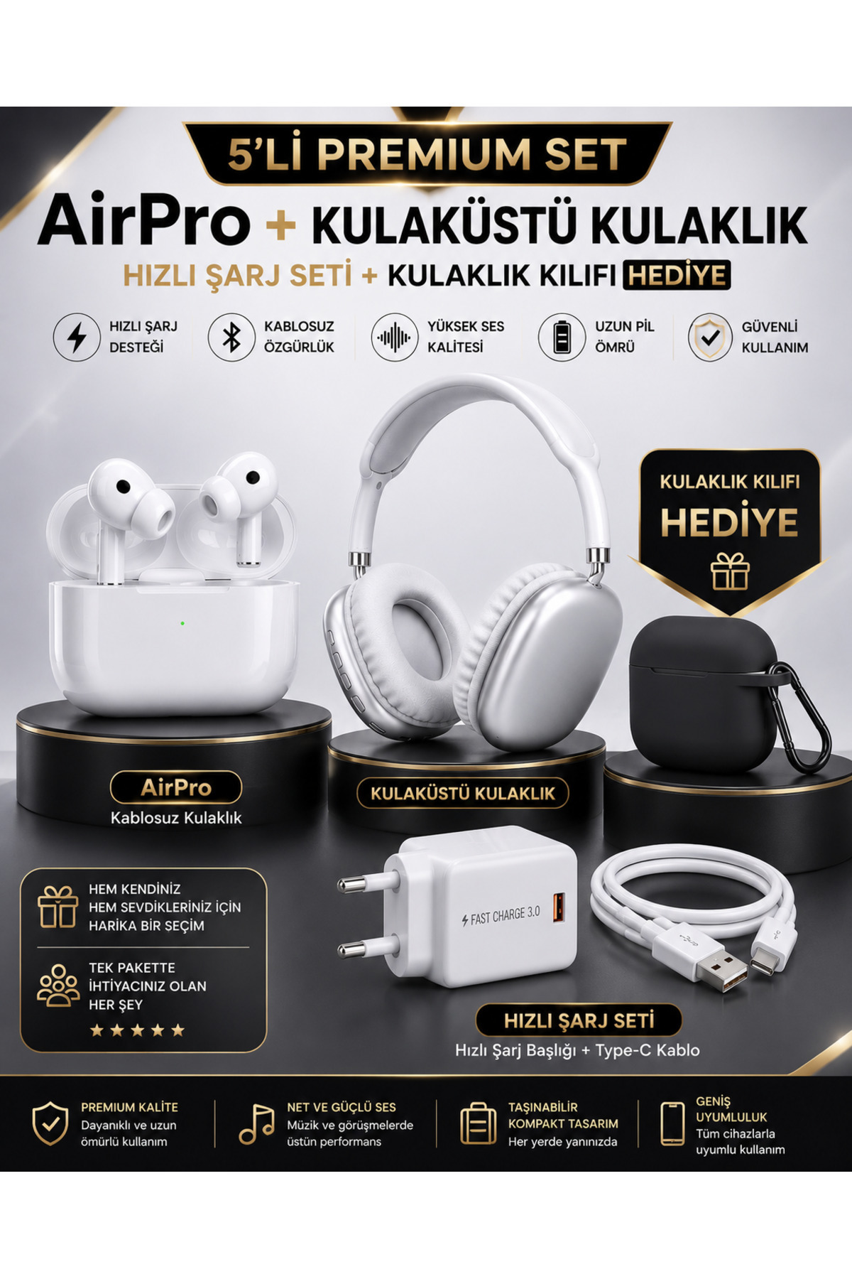 fundiqoX AirPro Bluetooth 5.4 Kulaklık + Kulaküstü Kulaklık + Hızlı Şarj Seti | Hediye Kılıf (Onu Mutlu Edecek Şık ve Modern Hediye)