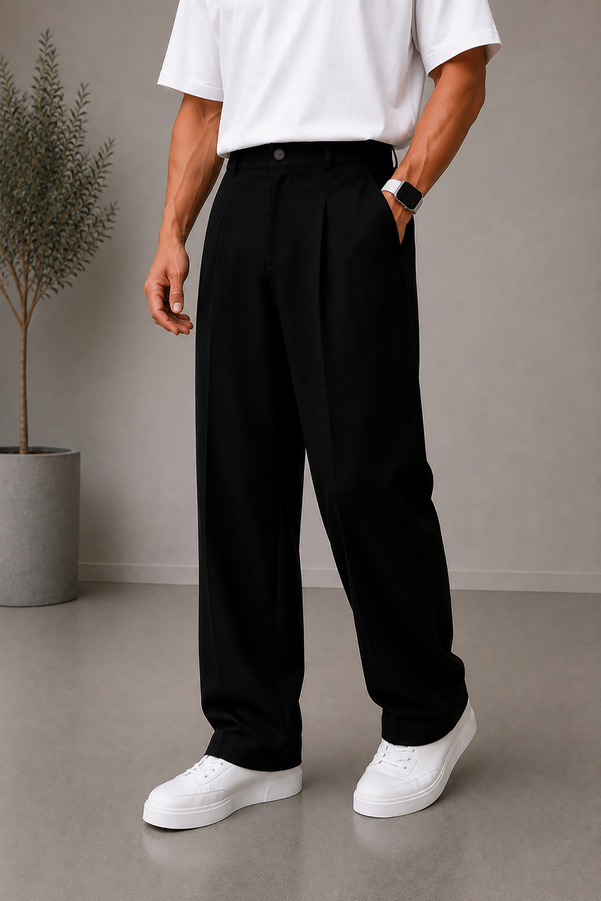 Montivo Men's Black Baggy Fabric Trousers Loose Fit Straight Leg
