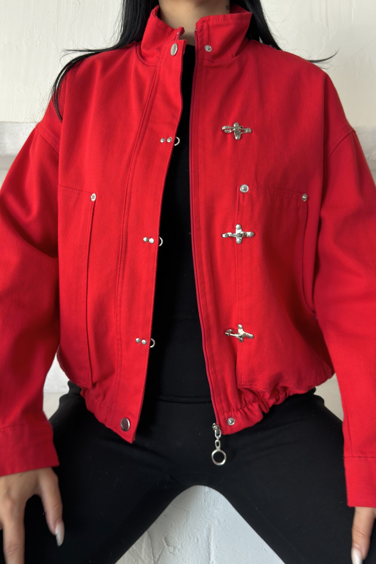 moda armanc Kadın Japon Ceket ZR Yeni Sezon Metal Süslü Düğmeli Oversize Relaxed Fit Bomber Ceket görsel 7