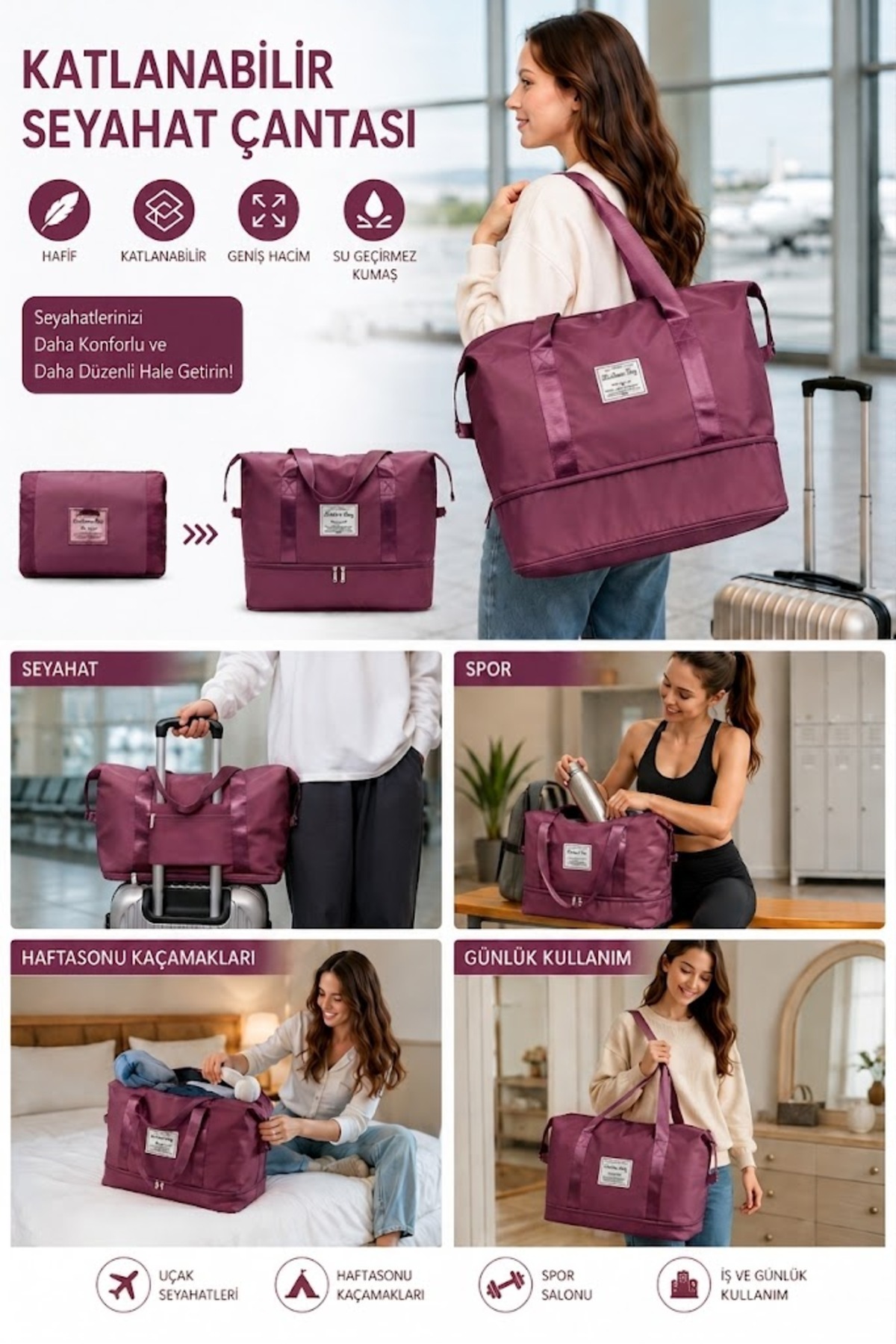 Doori Katlanabilir Seyahat Çantası - Geniş Hacimli Spor çantası - Market Alışveriş Çantası - Bebek çantası - Anne Çantası - Plaj çantası