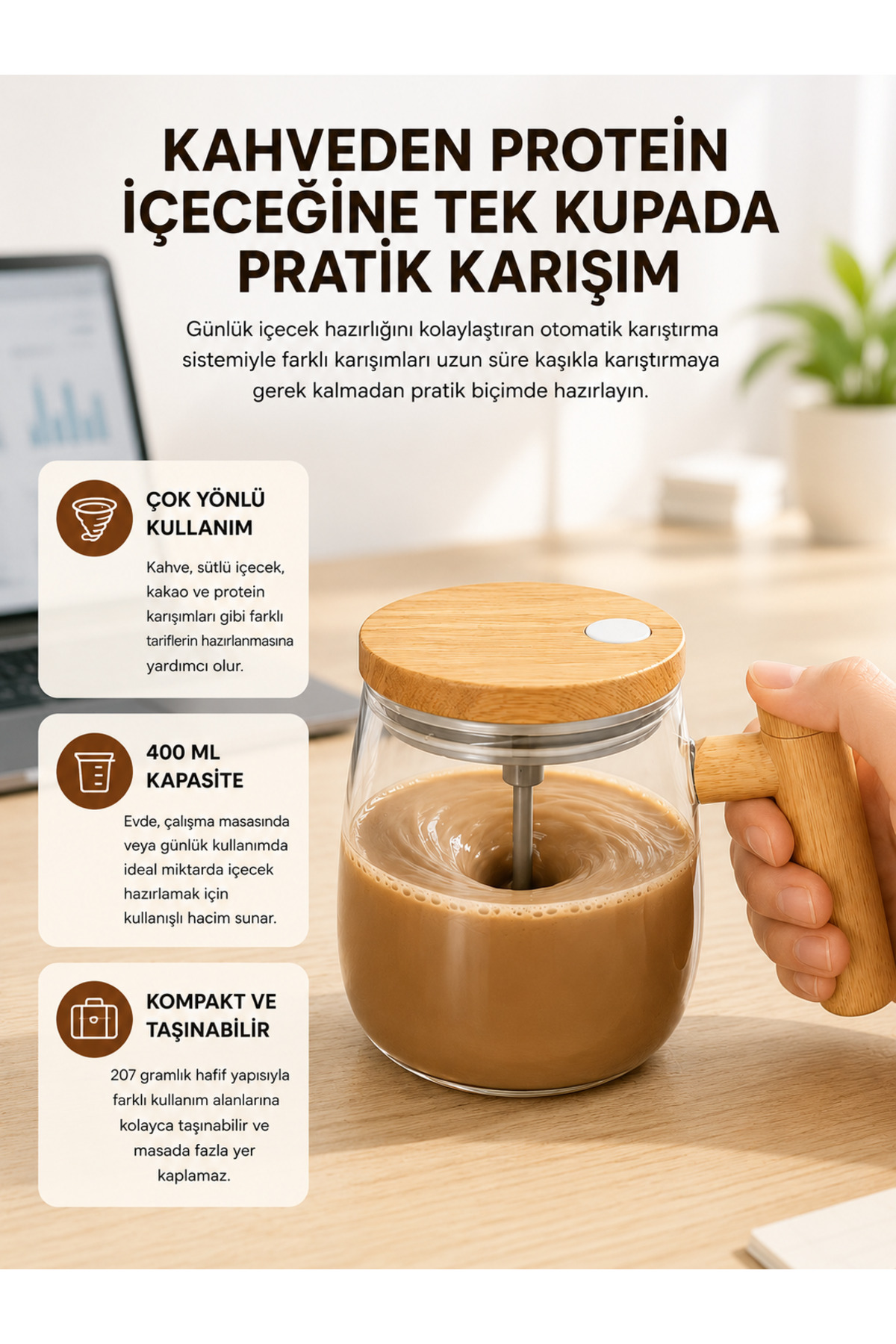 teknodayım IP6 Su Sızdırmaz Şarjlı Kupa 3D Karıştırma, 400 ml Yeni Nesil