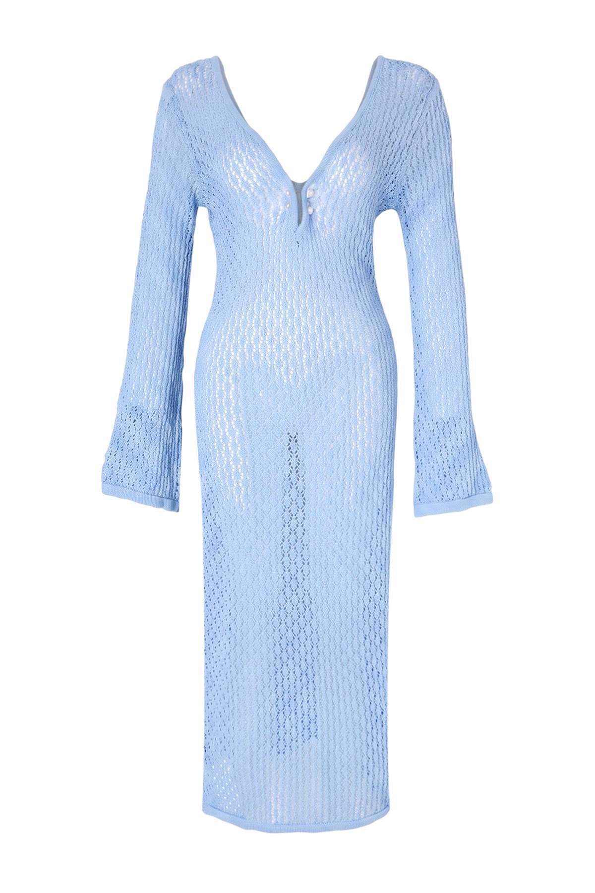 Trendyolmilla Mavi Triko Maxi Derin V Yaka Transparan Plaj Elbisesi TBESS25EL00151