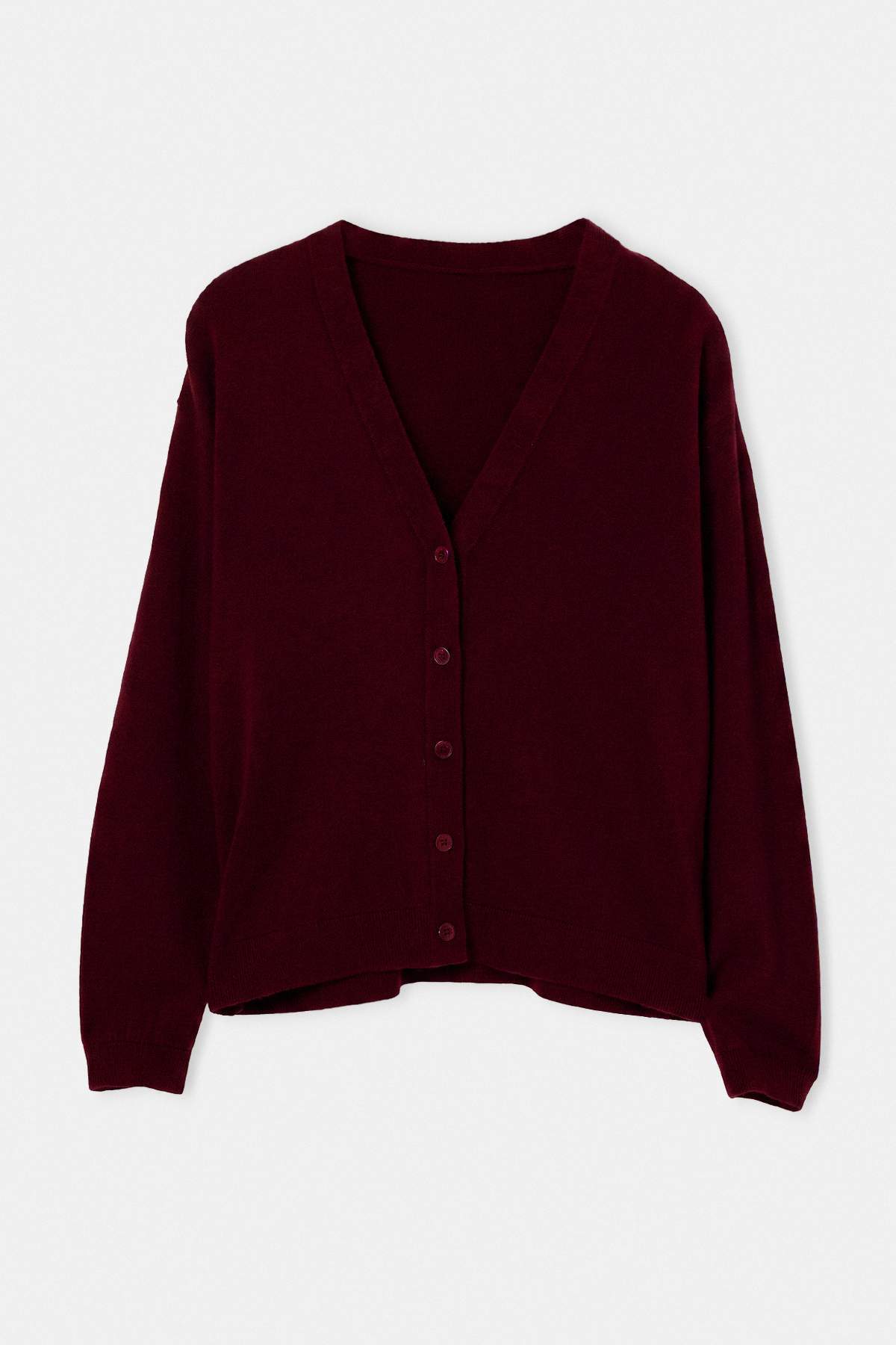 Trendyolmilla Wardrobe Essenstials Bordo Yünlü V Yaka Yumuşak Triko Hırka TWOAW27HI00080