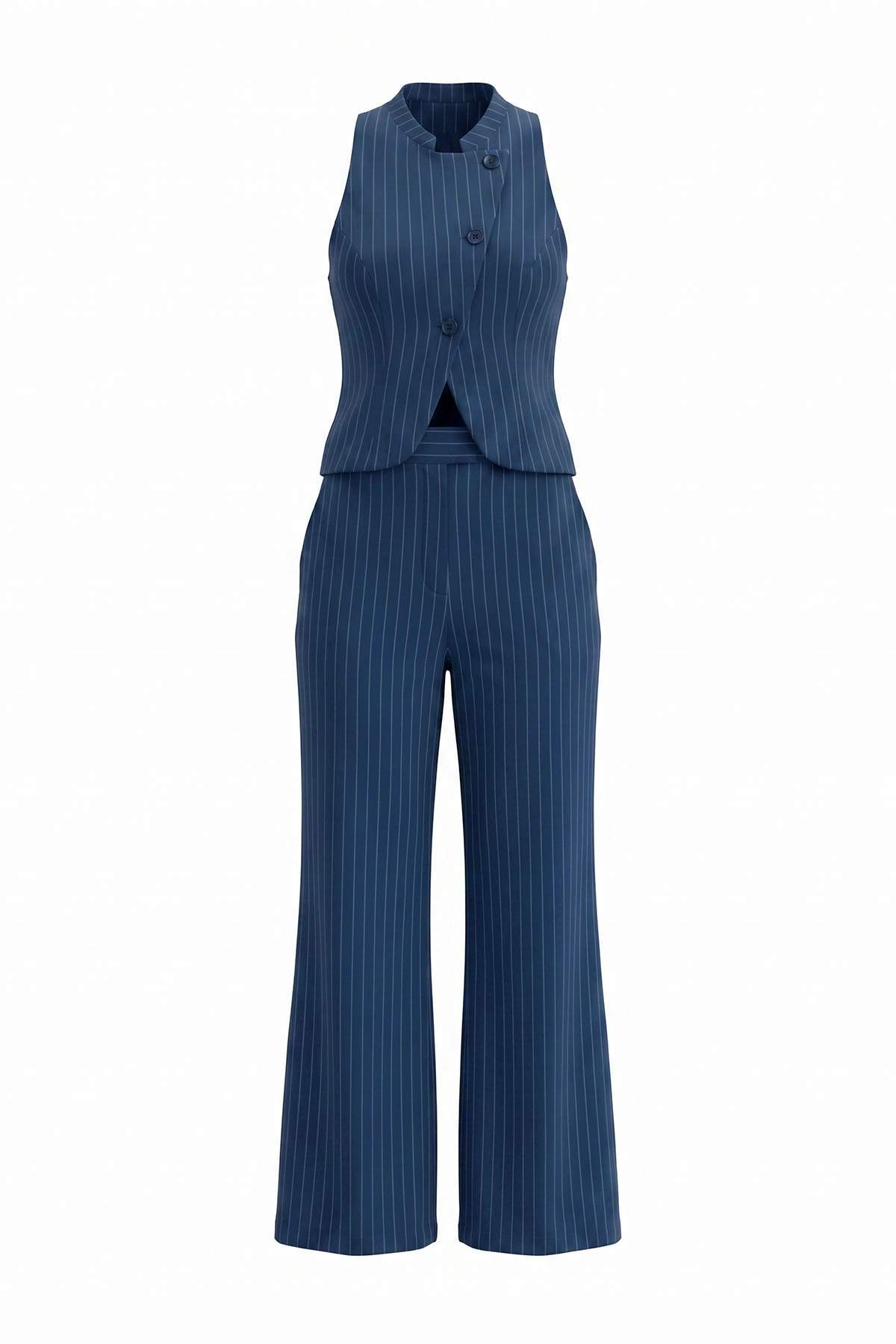Trendyolmilla Lacivert Çizgili Yelek PantolonDokuma Alt - Üst Takım TWOAW27AU00100