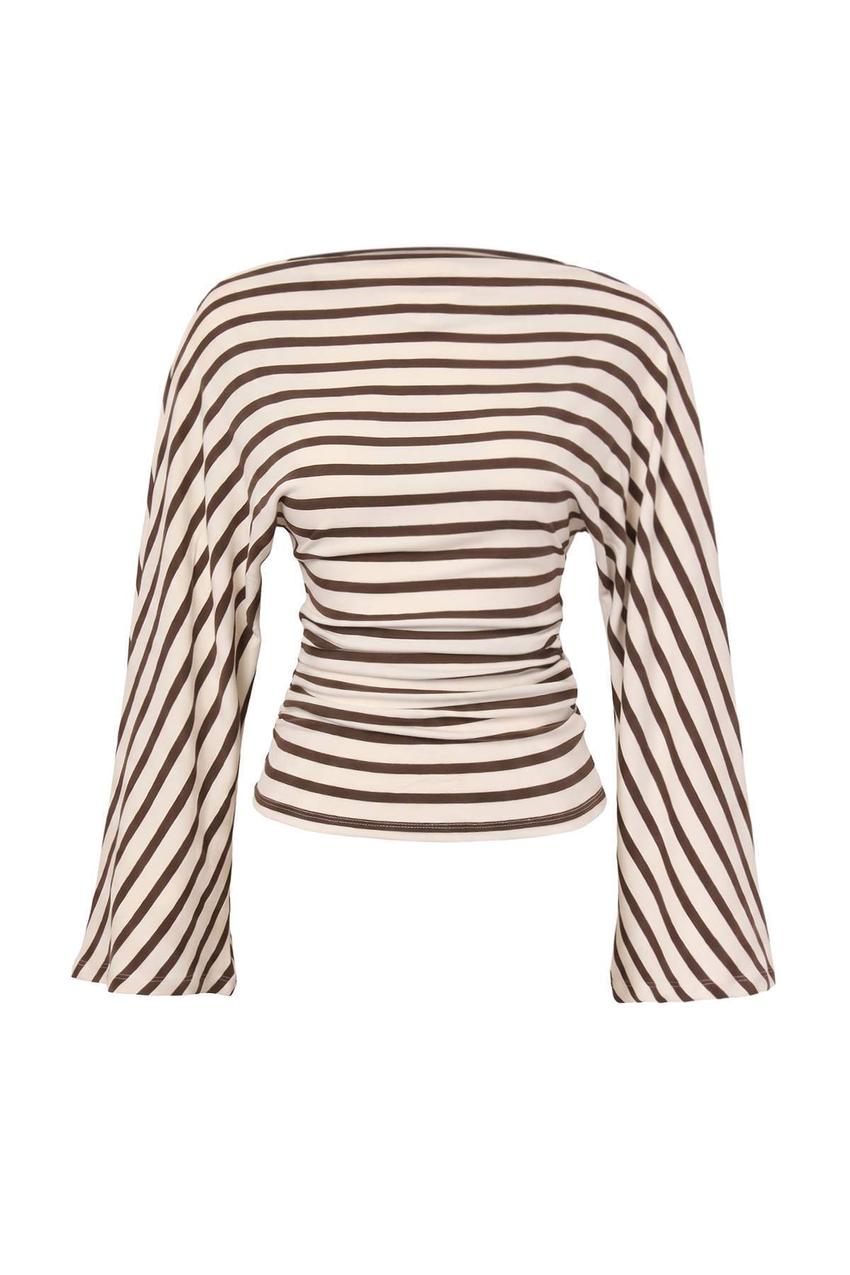 Trendyolmilla Çok Renkli Çizgili Fitted Kayık Yaka Yarasa Kol Uzun Regular Viskon Ribana Örme Bluz TWOAW27BZ00165