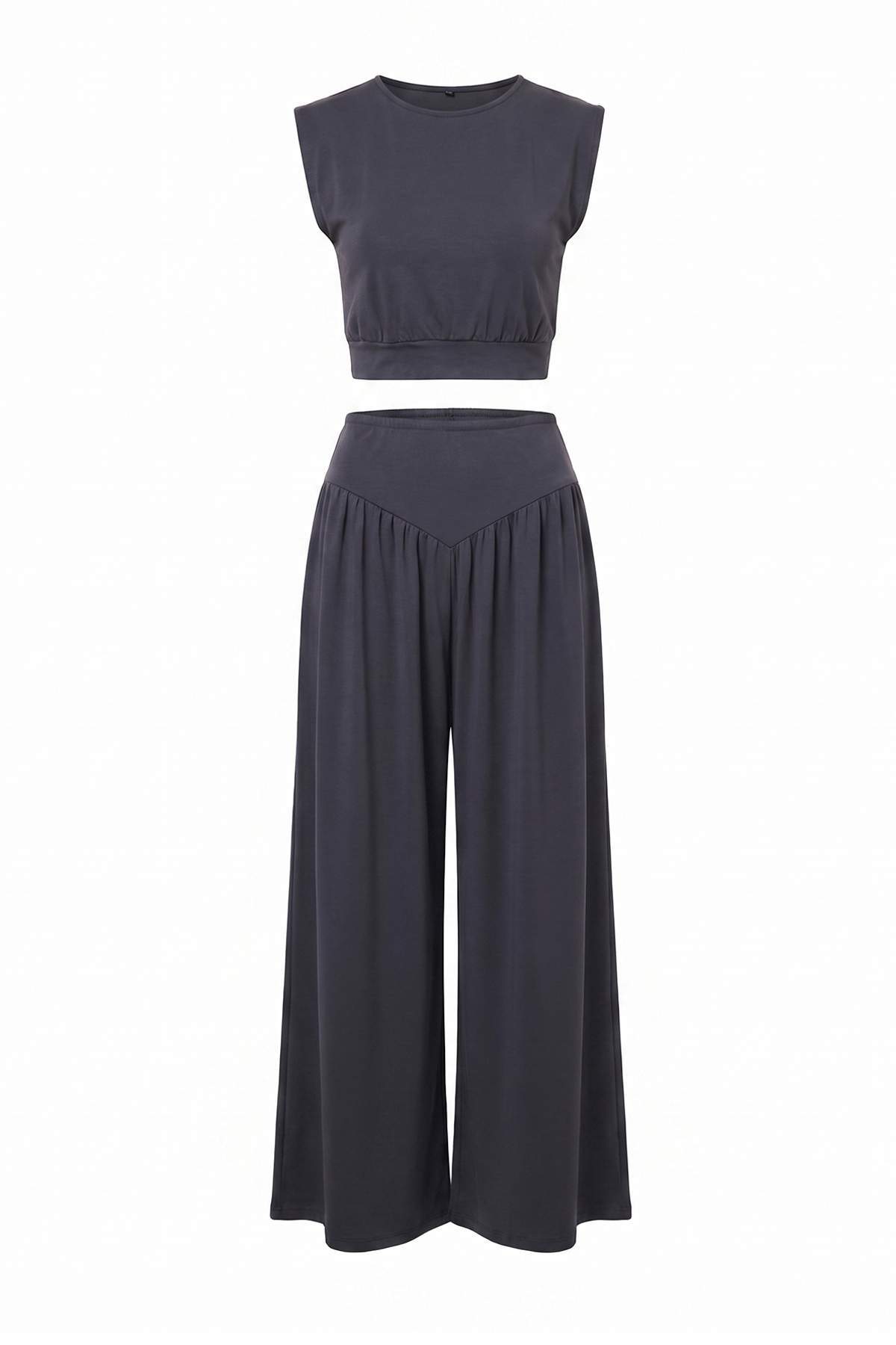 Trendyolmilla Antrasit Düz Fitted Kolsuz Wide Leg Soft Touch Esnek Örme Alt - Üst Takım TWOSS26AU00304