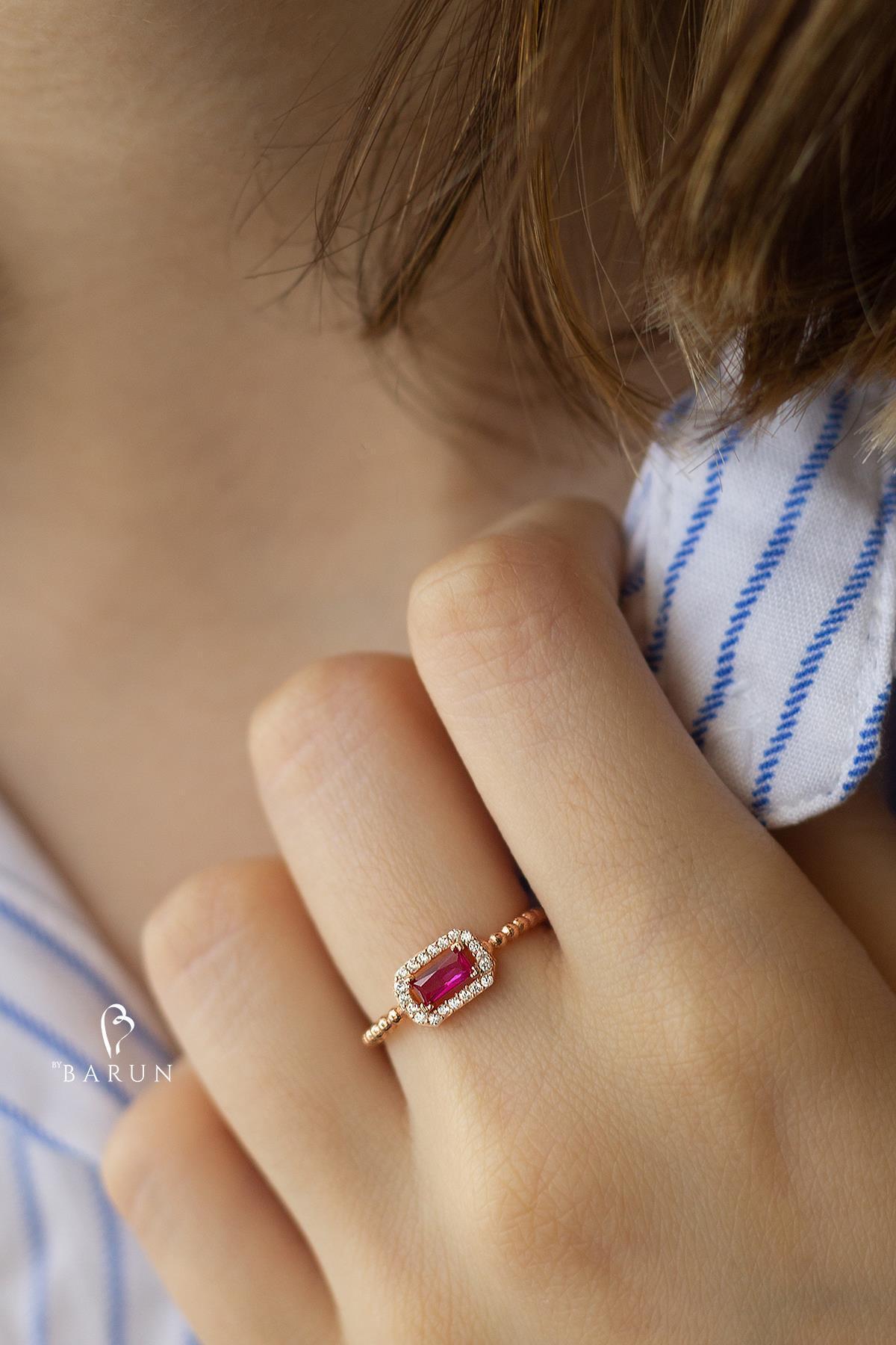 BY BARUN SİLVER Ayarlanabilir Yüzük Kare Kırmızı 925 Ayar Beyaz Zirkon Taşlı Rose Pembe I Gümüş Yüzük