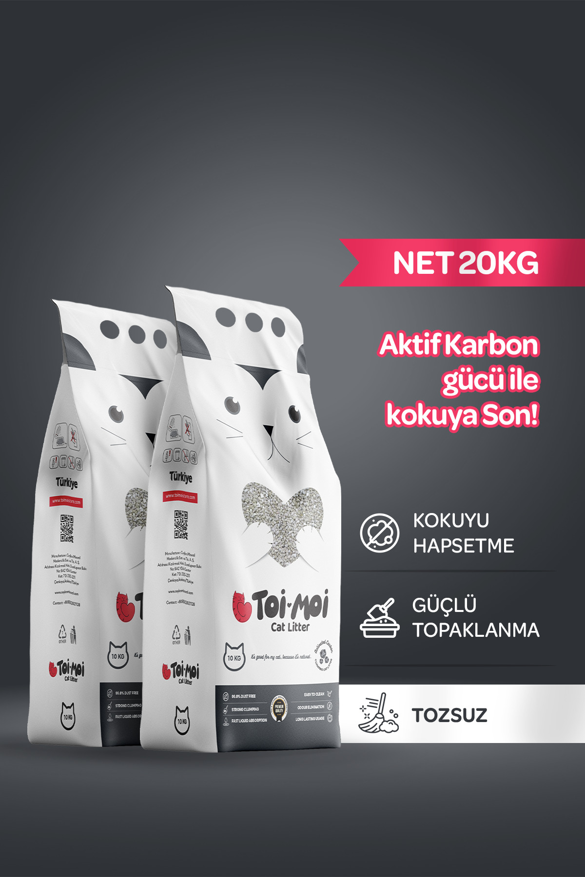 Toi Moi 2li Avantaj Paketi Koku Hapseden, Topaklanan,Tozsuz Aktif Karbonlu Bentonit Kedi Kumu 2x10Kg - Fiyatı, Yorumları