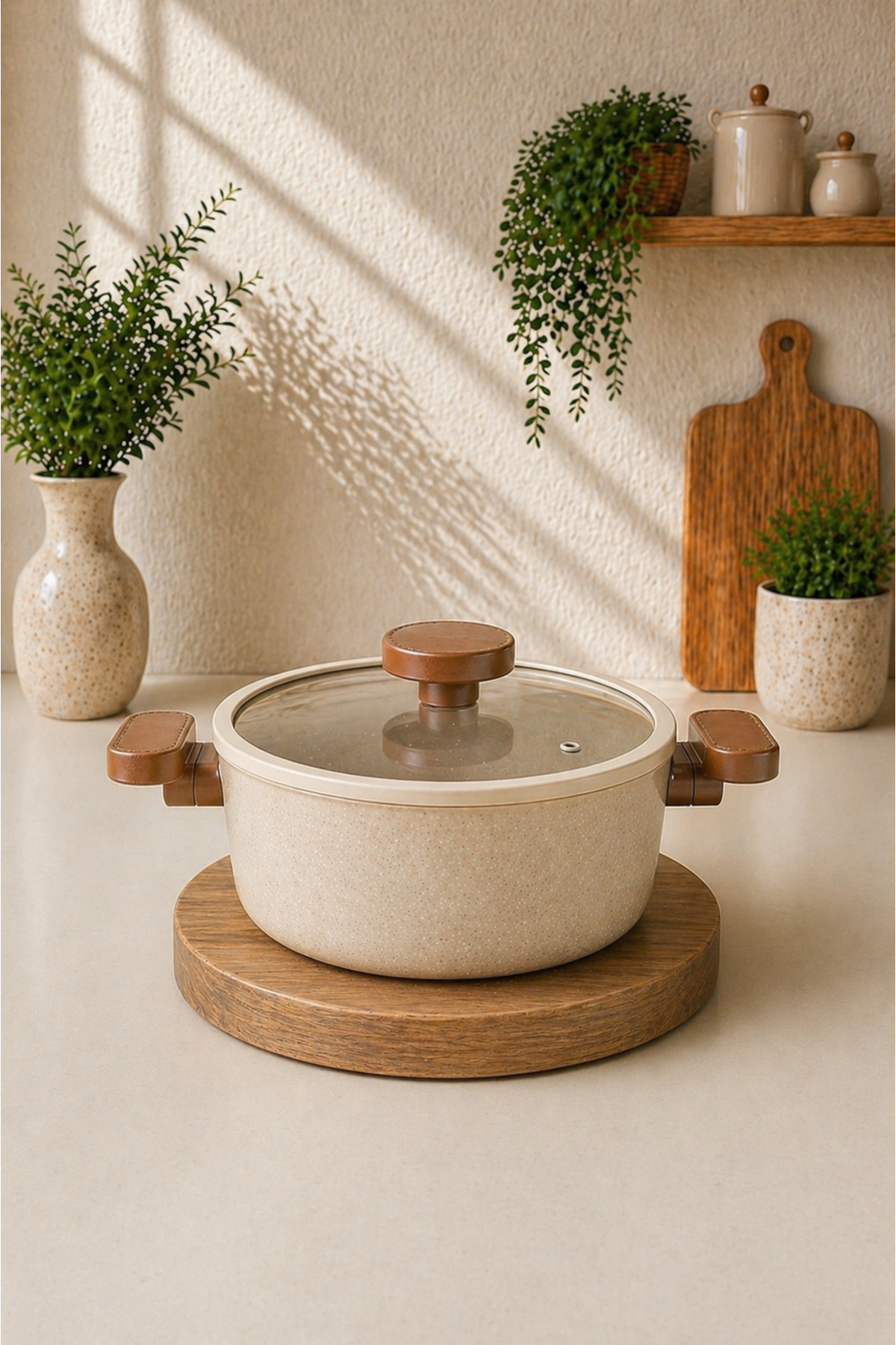 Valeria 22 cm Granite Deep Pot Glass Lid with Silicone Edge - Cappuccino
