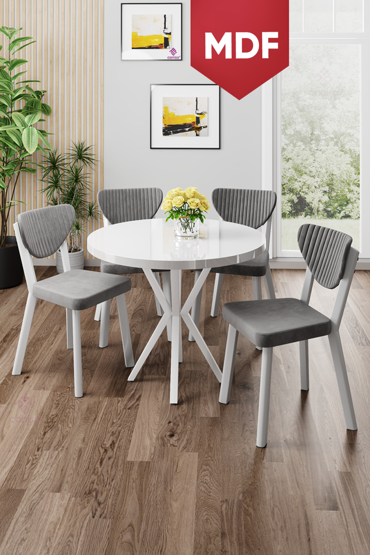 Agnes Series MDF 90x90 Round White Table Set and 4 Grey Chairs