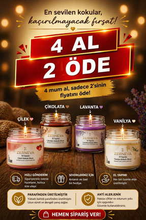 ZERNEVA 4'LÜ KOKULU MUM SETİ - AVANTAJLI PAKET (ÇİLEK-ÇİKOLATA-LAVANTA-VANİLYA)