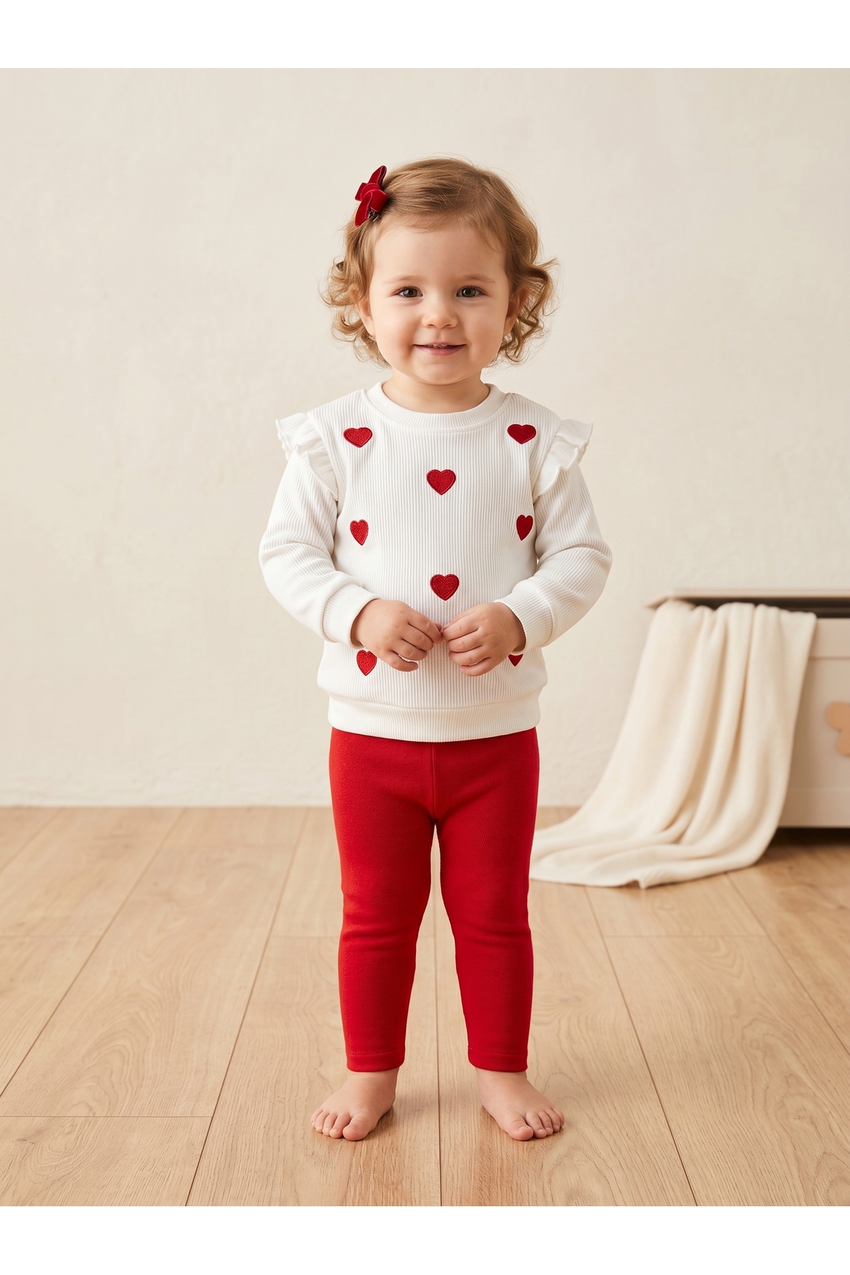 Baby Girl Heart Embroidered Bottom Top 2pcs Set 3-12 Months - Red
