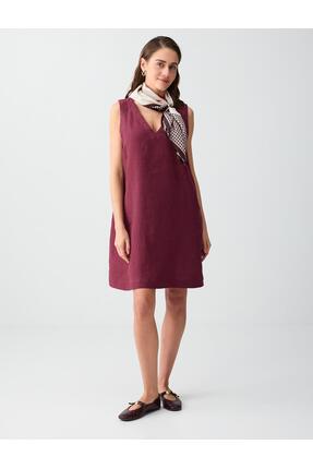 Jimmy Key Bordo %100 Keten V Yaka Kolsuz Basic Mini Elbise