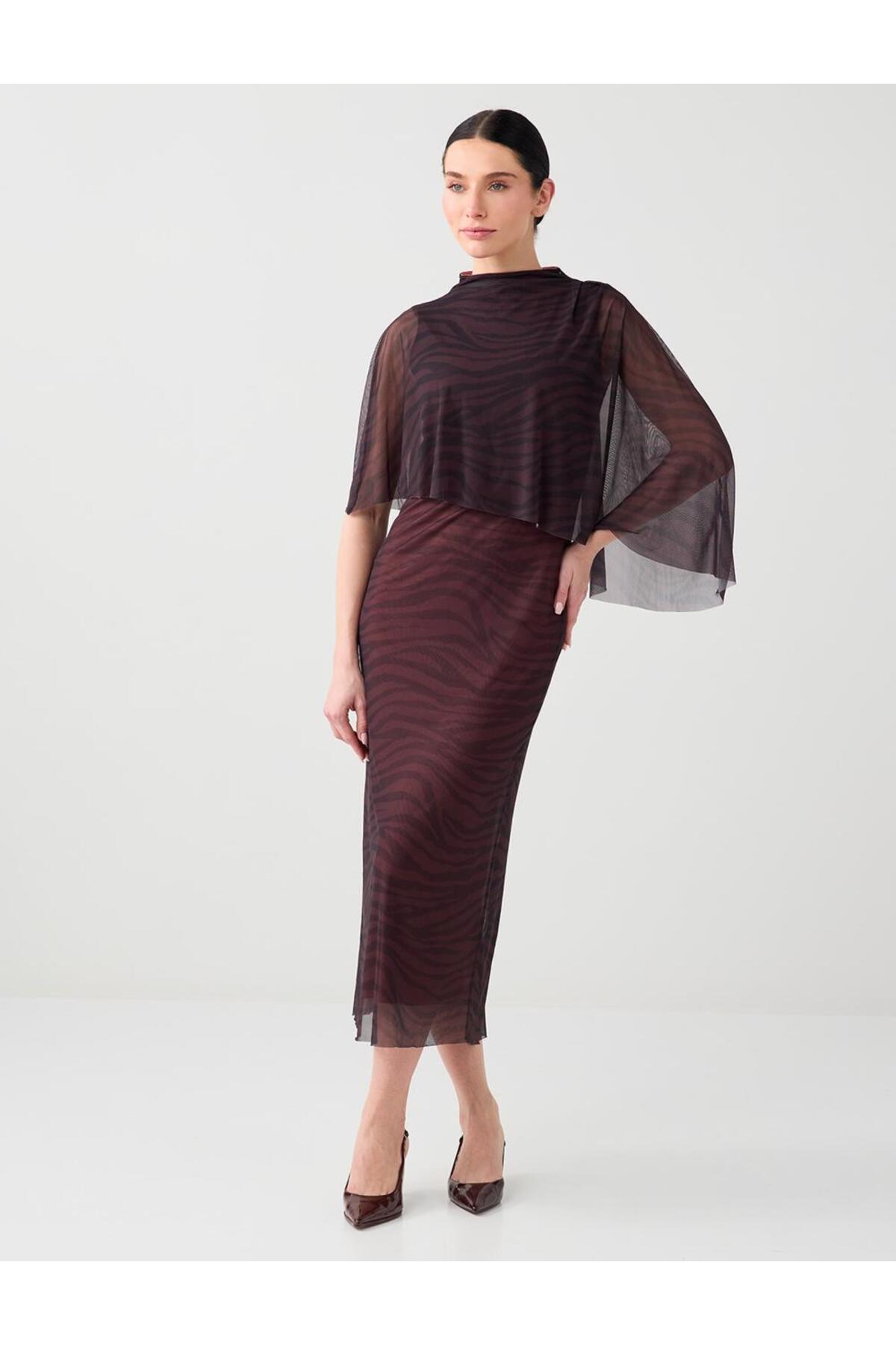 Jimmy Key Dark Brown Slim Fit High Neck Sleeveless Mesh Knitted Midi Dress