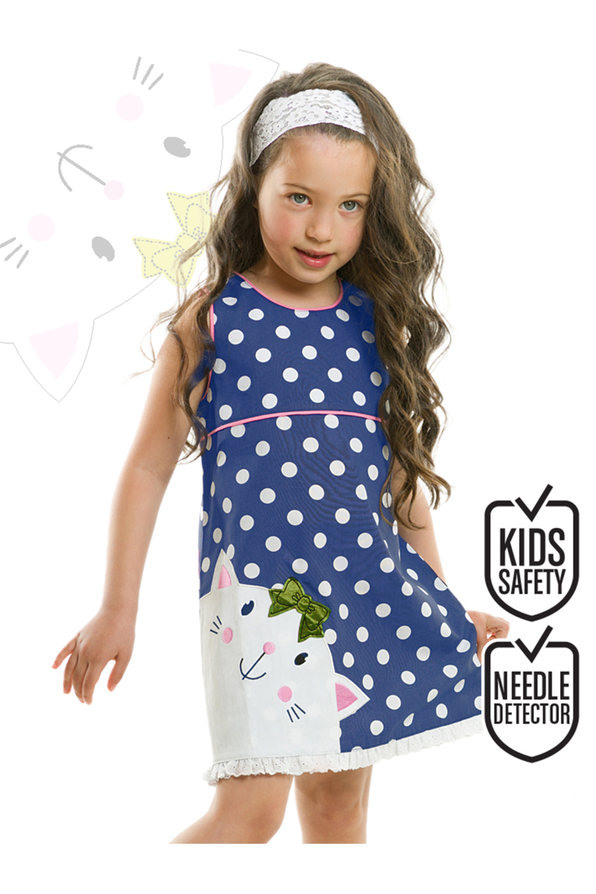 Denokids Kedili Puantiyeli Kız Çocuk Lacivert Yazlık Poplin Elbise