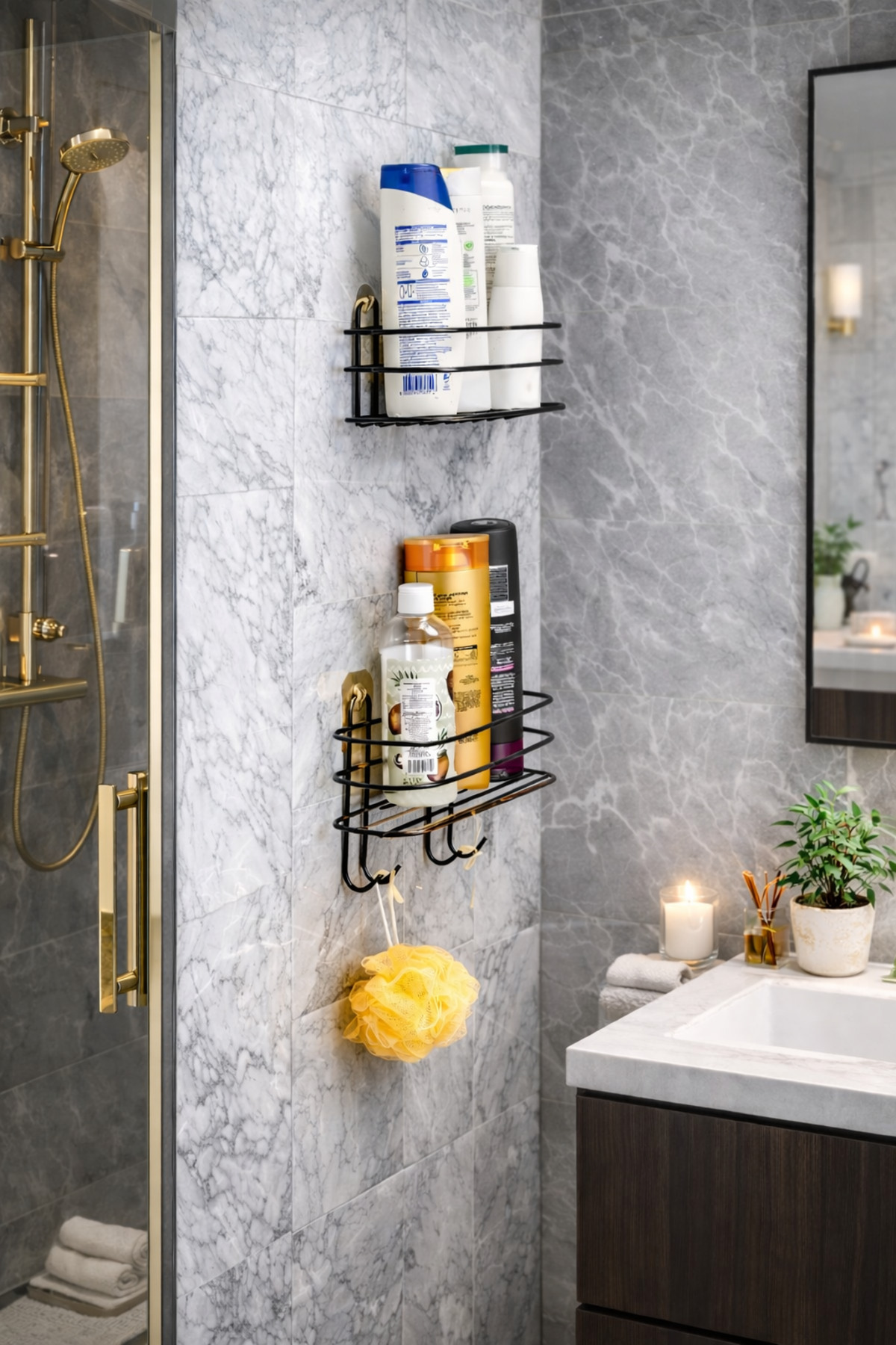 Adhesive Black 2pcs Bathroom Organizer Shampoo Dispenser Soap Dispenser Oval Bay Shower Rack Organizer