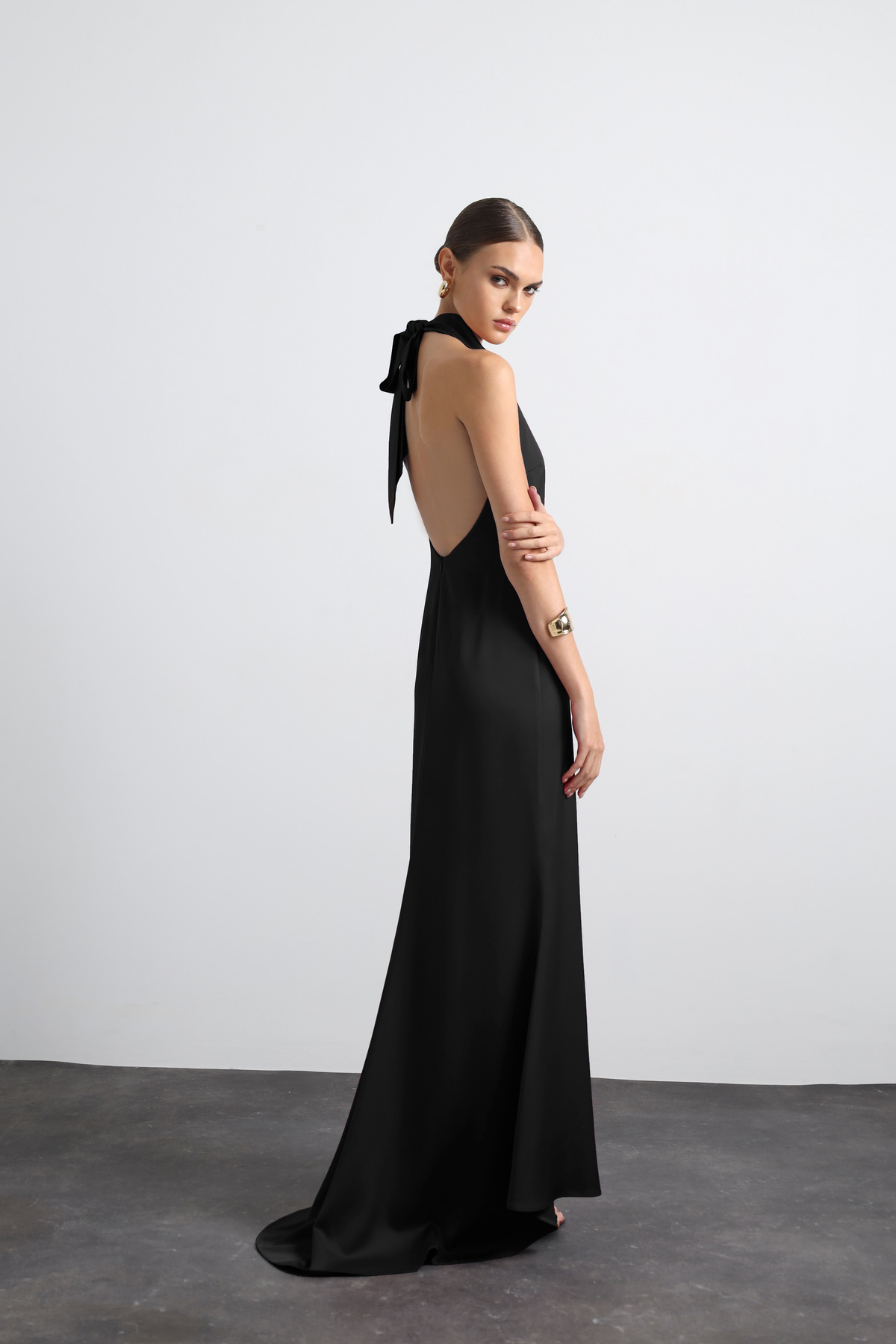 Halley Halter Neck Maxi Black Satin Dress