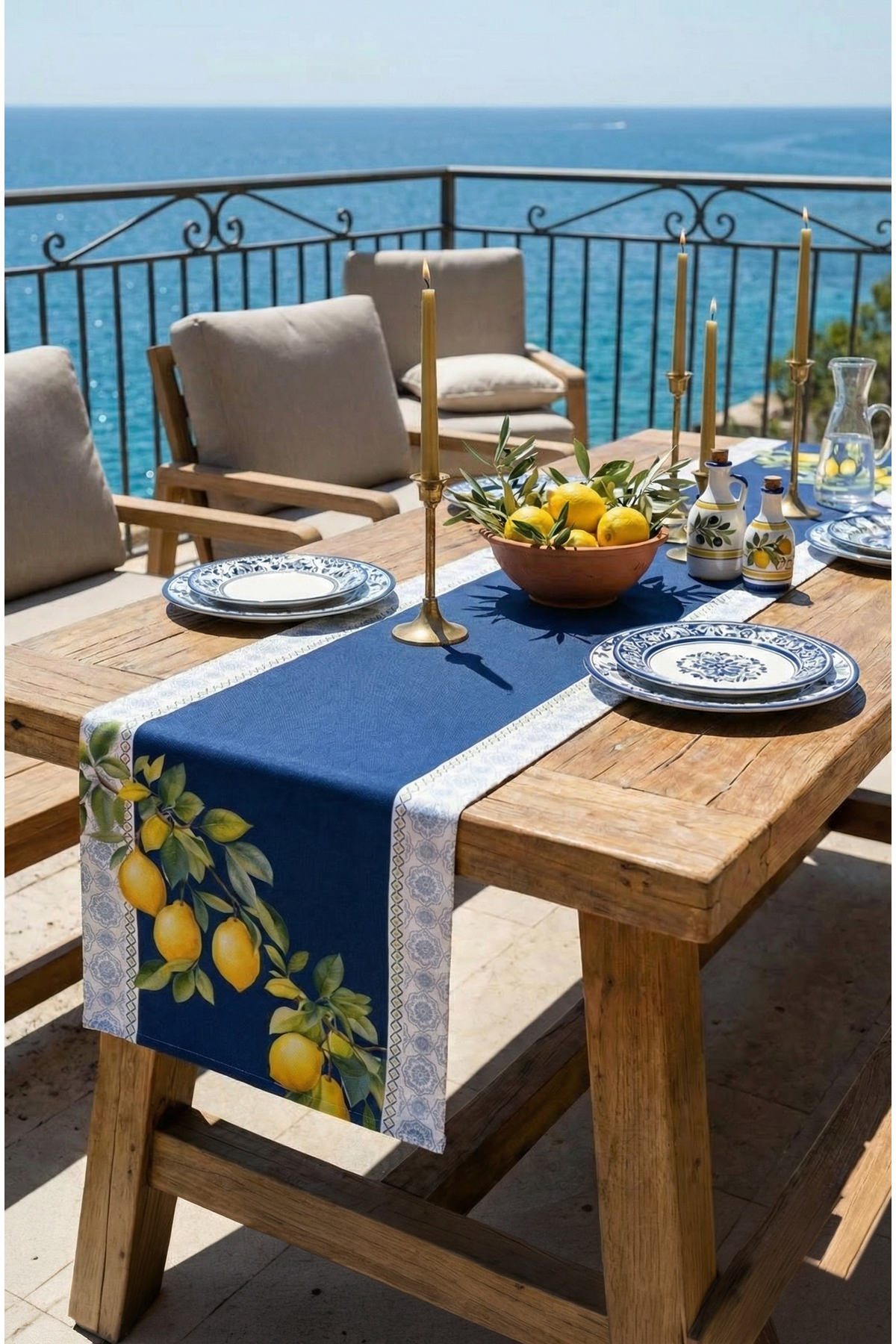 Ephesus Lemon Pattern Navy Blue Border Runner 45 x 145 Cm