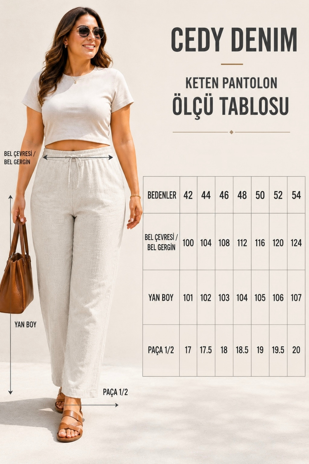 CEDY DENIM Kadın Yazlık Büyük Beden Sentetik Keten Yüksek Bel Lastikli Dar Paça Mom Pantolon C611 görsel 2