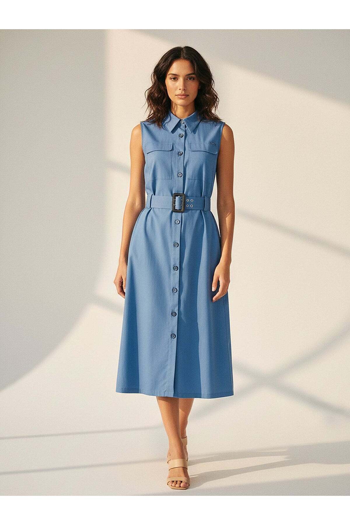 Women's Blue Shirt Form Dress – Sleeveless, Light Texture, Clean Lines | Frn Line