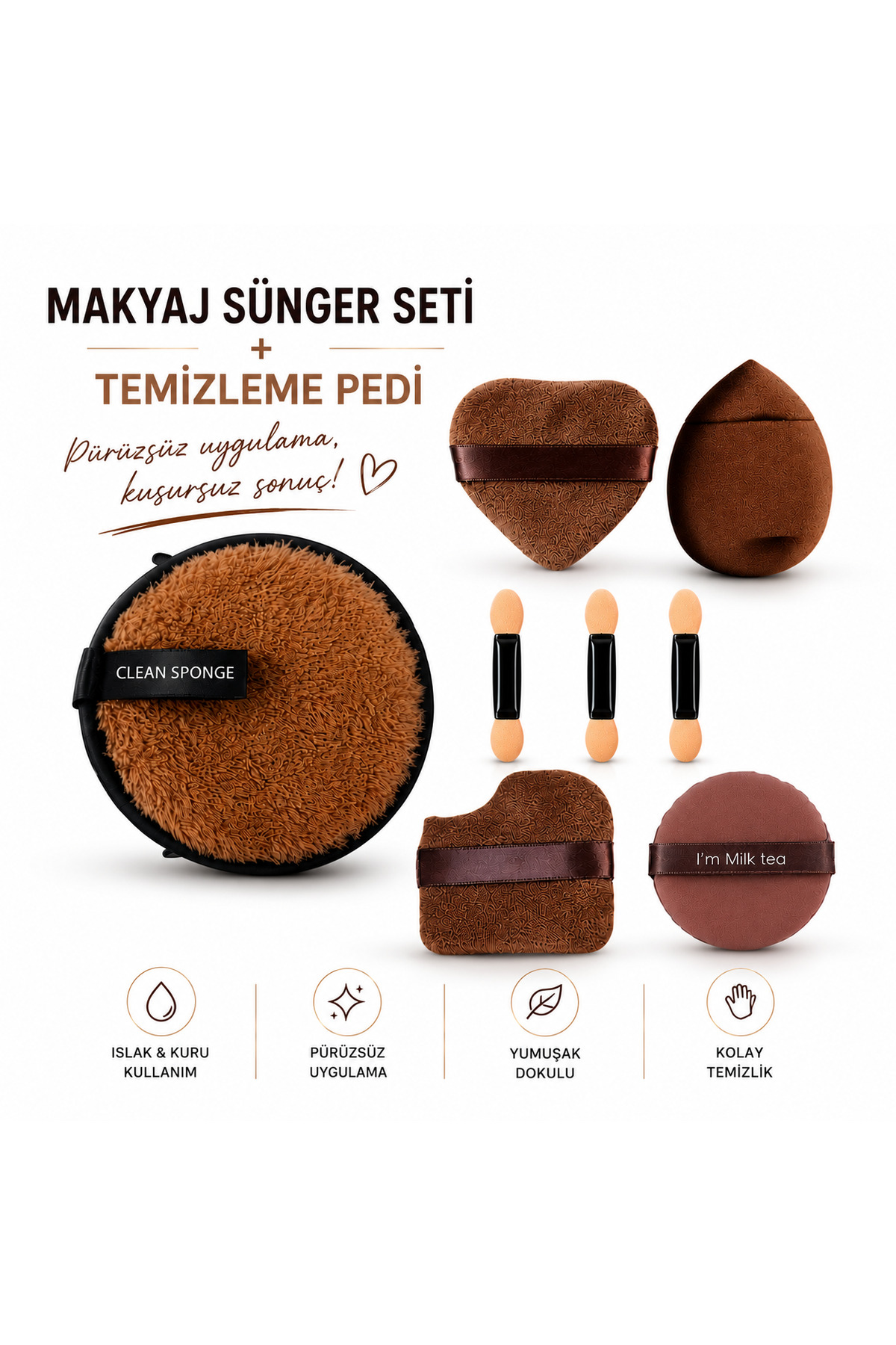 Makyaj Sünger Seti + Temizleme Pedi Kahverengi — .....ser