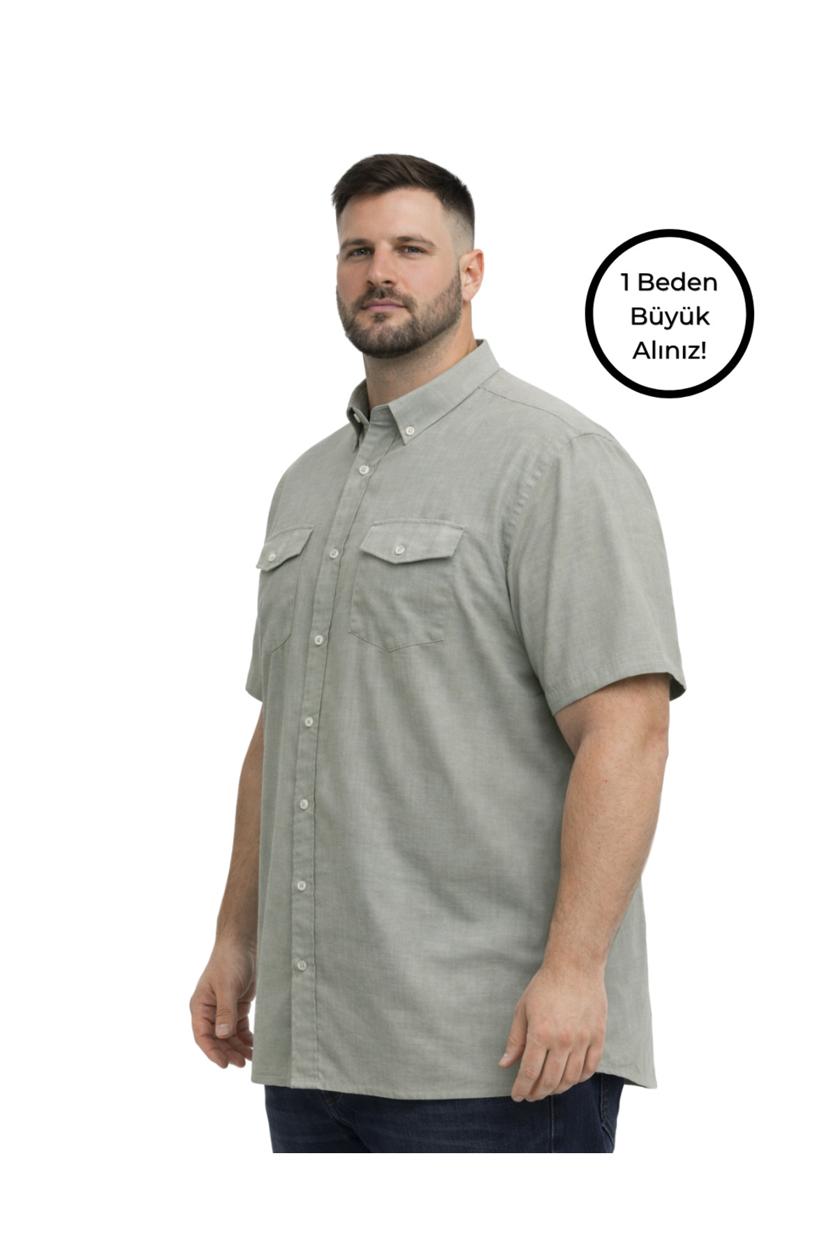 BattalModa Erkek Büyük Beden Haki Çift Cepli Kısa Kollu Gömlek 3XL-4XL-5XL-6XL-7XL-8XL görsel 2