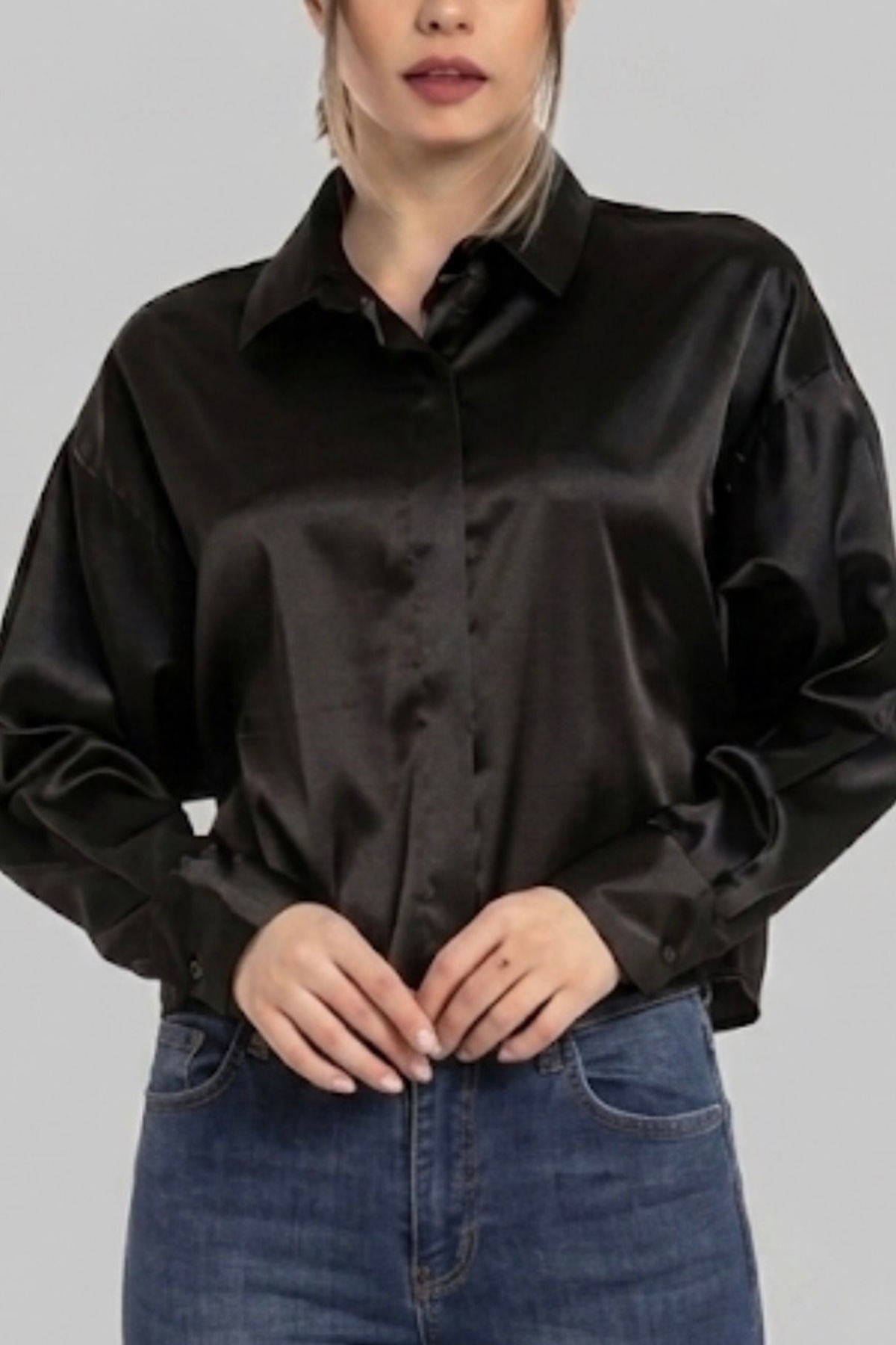 Chemise coupe loose en satin noir - EMMAS CLOTHING - Görsel 15