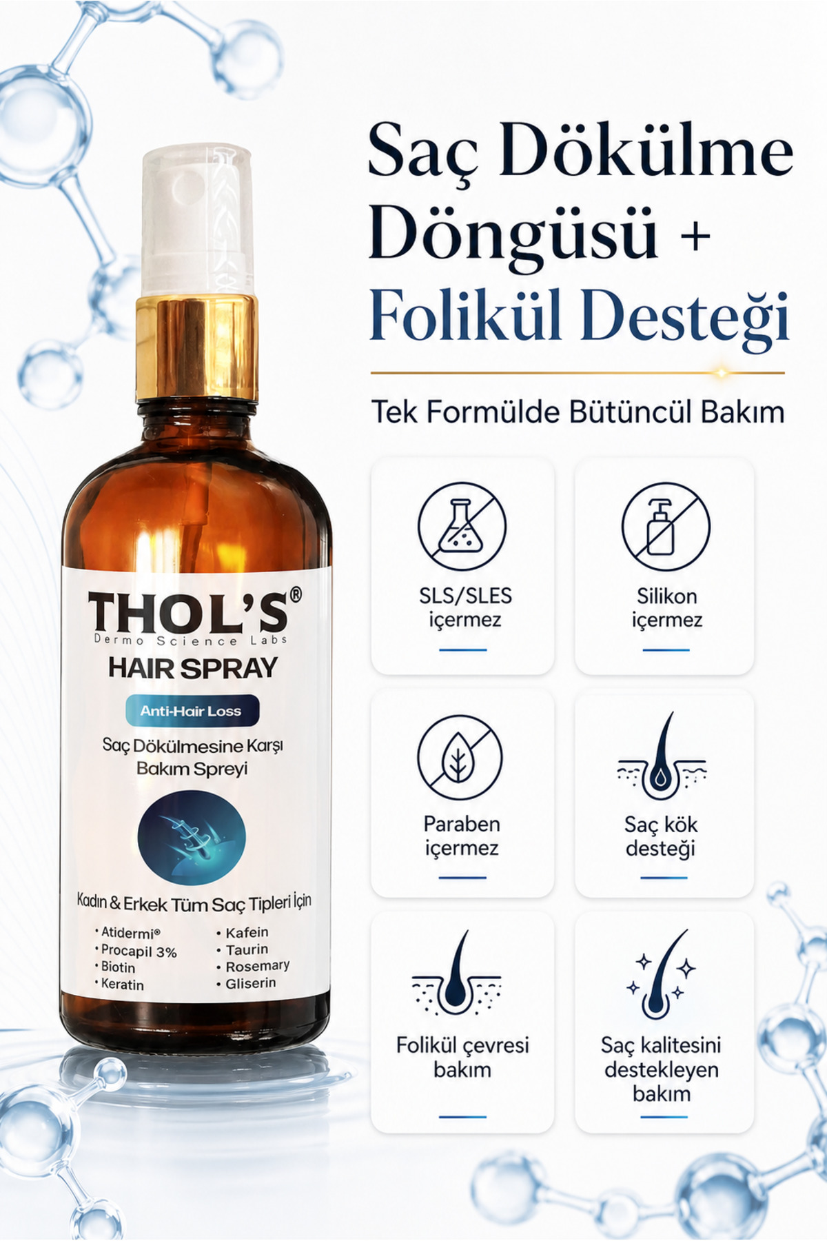 THOL'S TB13 HAIR SPRAY ANTI-HAIR LOSS SAÇ DÖKÜLMESİNE KARŞI BAKIM SPREYİ - 50 ML — Saç Dökülmesine Karşı Bakım Spreyi — تصویر 5 از 6