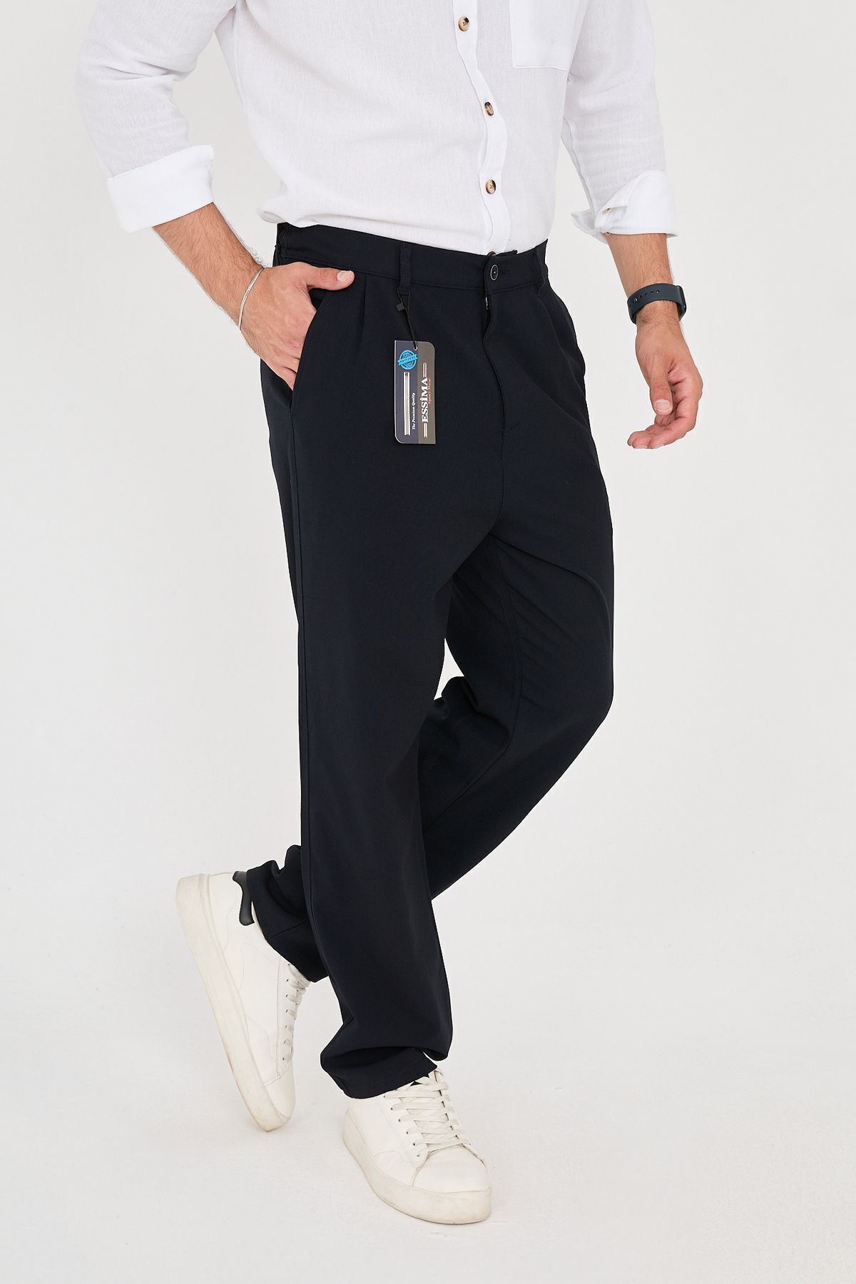 ESSİMA Erkek Lacivert Baggy Fit Lastikli Bel Çift Pileli Rahat Ve Şık Kumaş Pantolon görsel 4