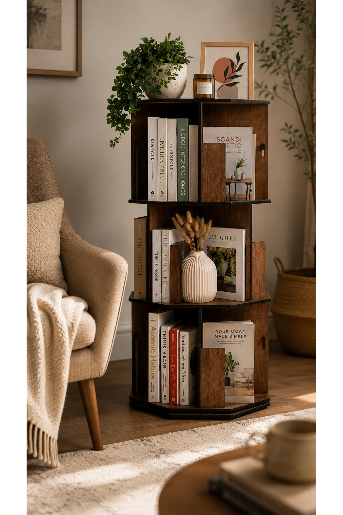 360° Rotatable Wooden Bookshelf 3 Layers Walnut