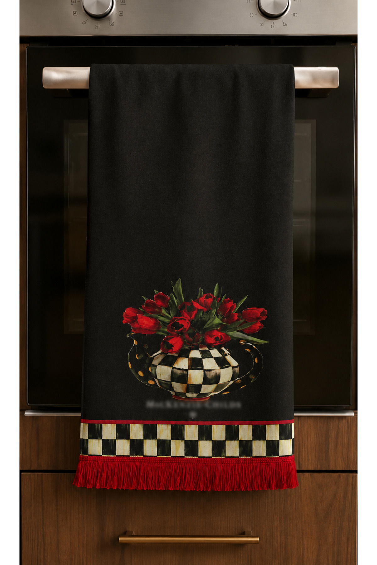 Black Floor Square Patterned Teapot & Red Tulip Printed Oven Hanger Towel 30*50 cm