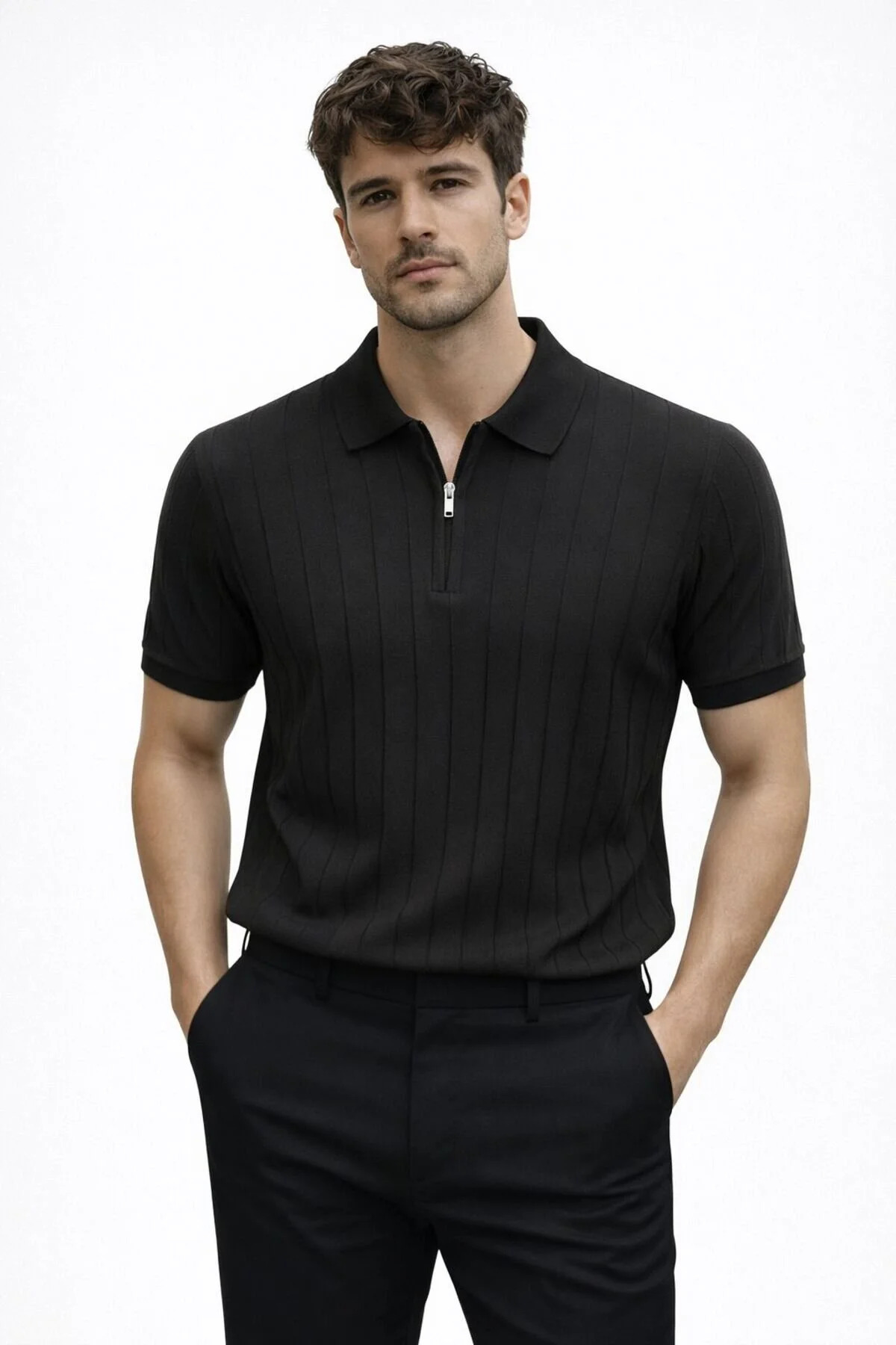 BOLD 2026 New Season Zippered Knitwear Polo Collar T-Shirt Modern Striped Textured Men's Summer Wear Black
