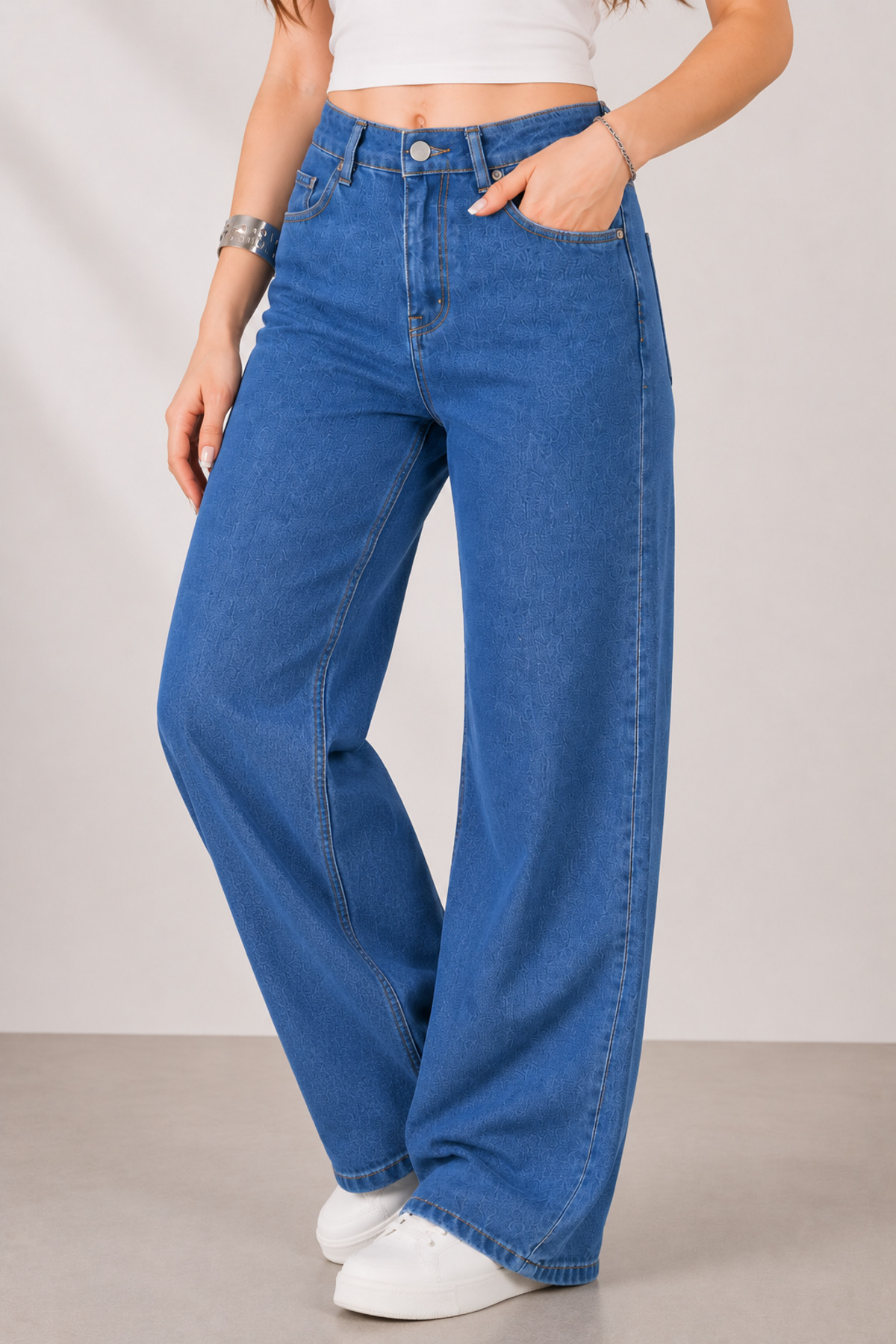 Lighter Jeans  Kadın Orta Mavi Yüksek Bel Straight Fit Wide Leg Jean Pantolon Rahat Kalıp Likralı Denim Kot - Görsel 3