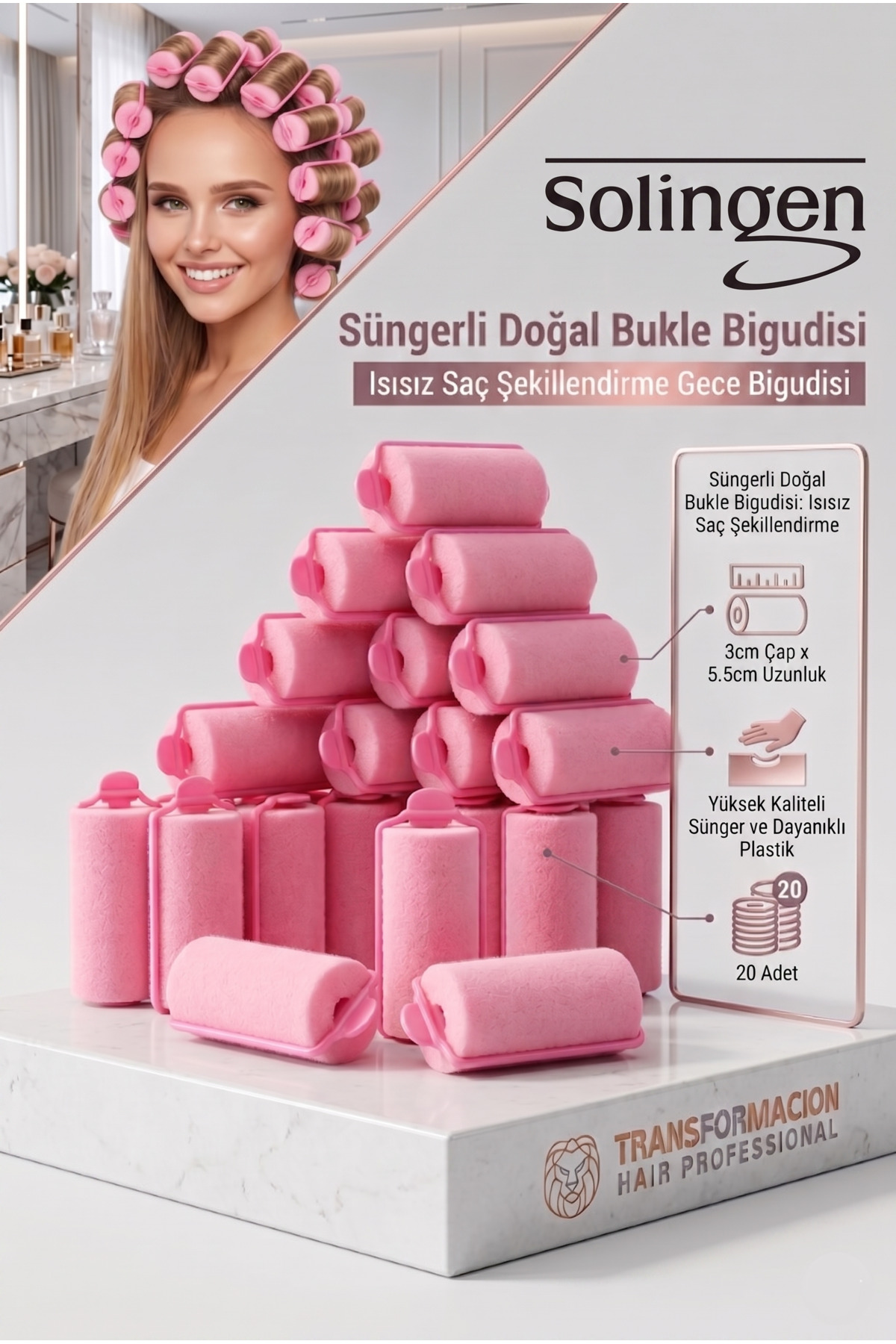 Transformacion Süngerli Gece Bigudisi Isısız Saç Şekillendirme Doğal Bukle Bigudisi 3 Cm 20 Adet 719759