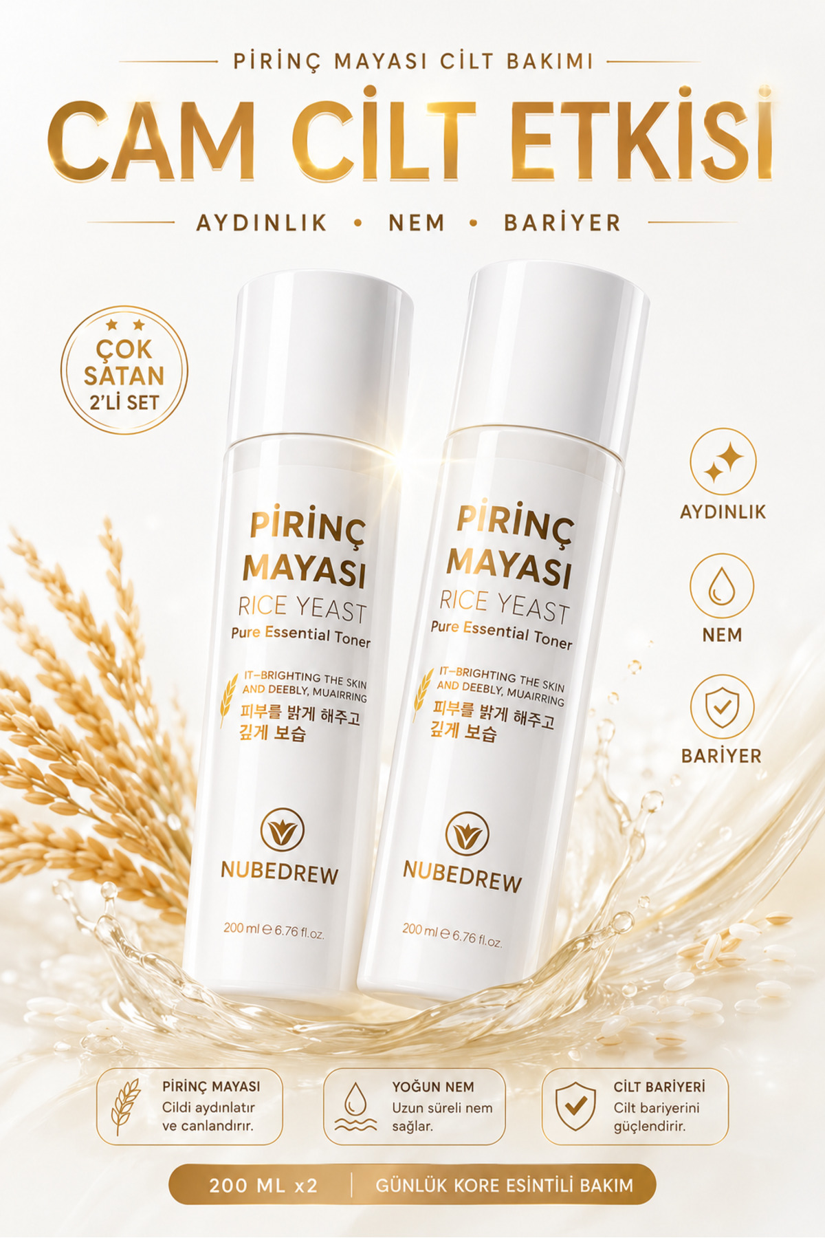 2 Adet Pirinç Mayası Tonik 200 ml Aydınlatıcı Beyazlatıcı Leke Karşıtı Nemlendirici Bakım Etkili — pirinçmayasıtoniknubedrew — تصویر 2 از 8