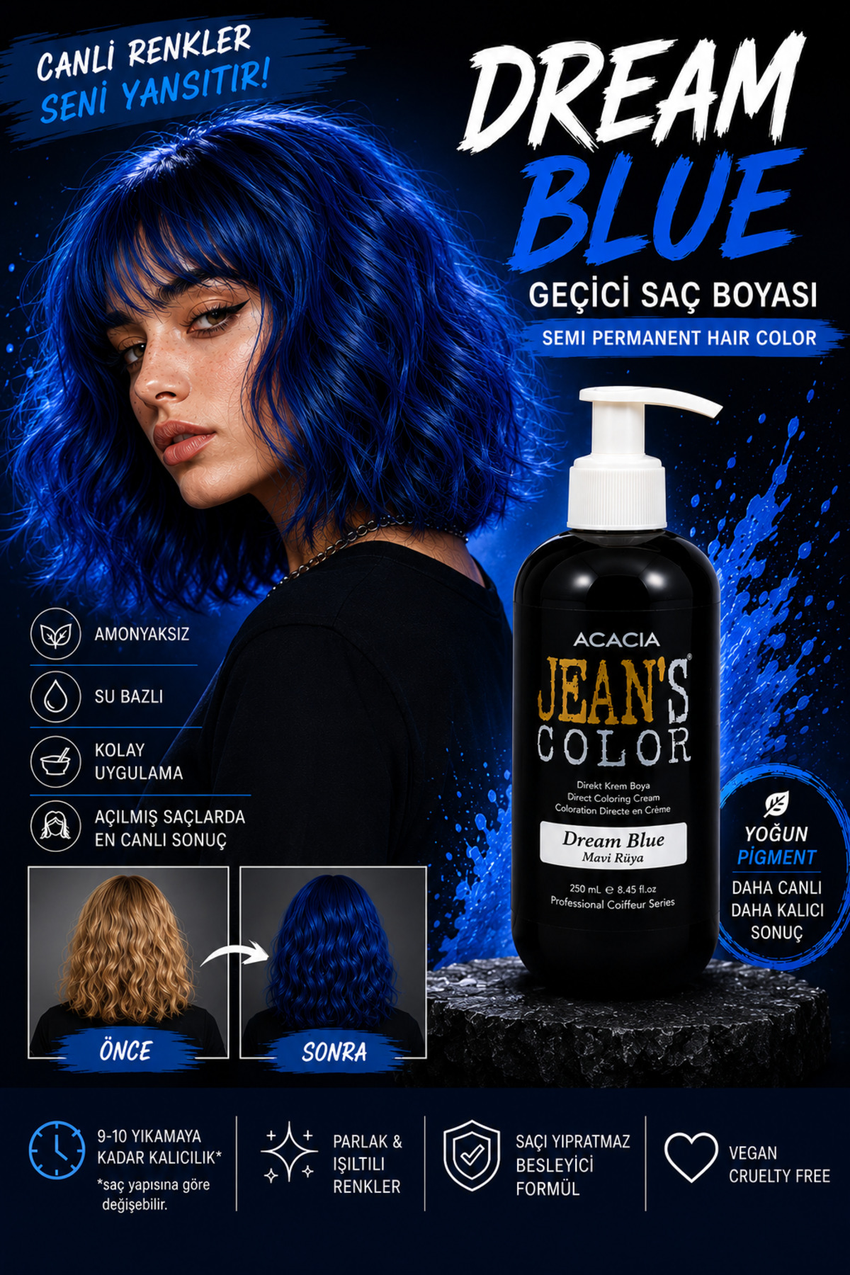 jeans color Amonyaksız Mavi Rüya Renkli Saç Boyası 250 ml Kokusuz Su Bazlı Dream Blue Hair Dye — آبی 22222