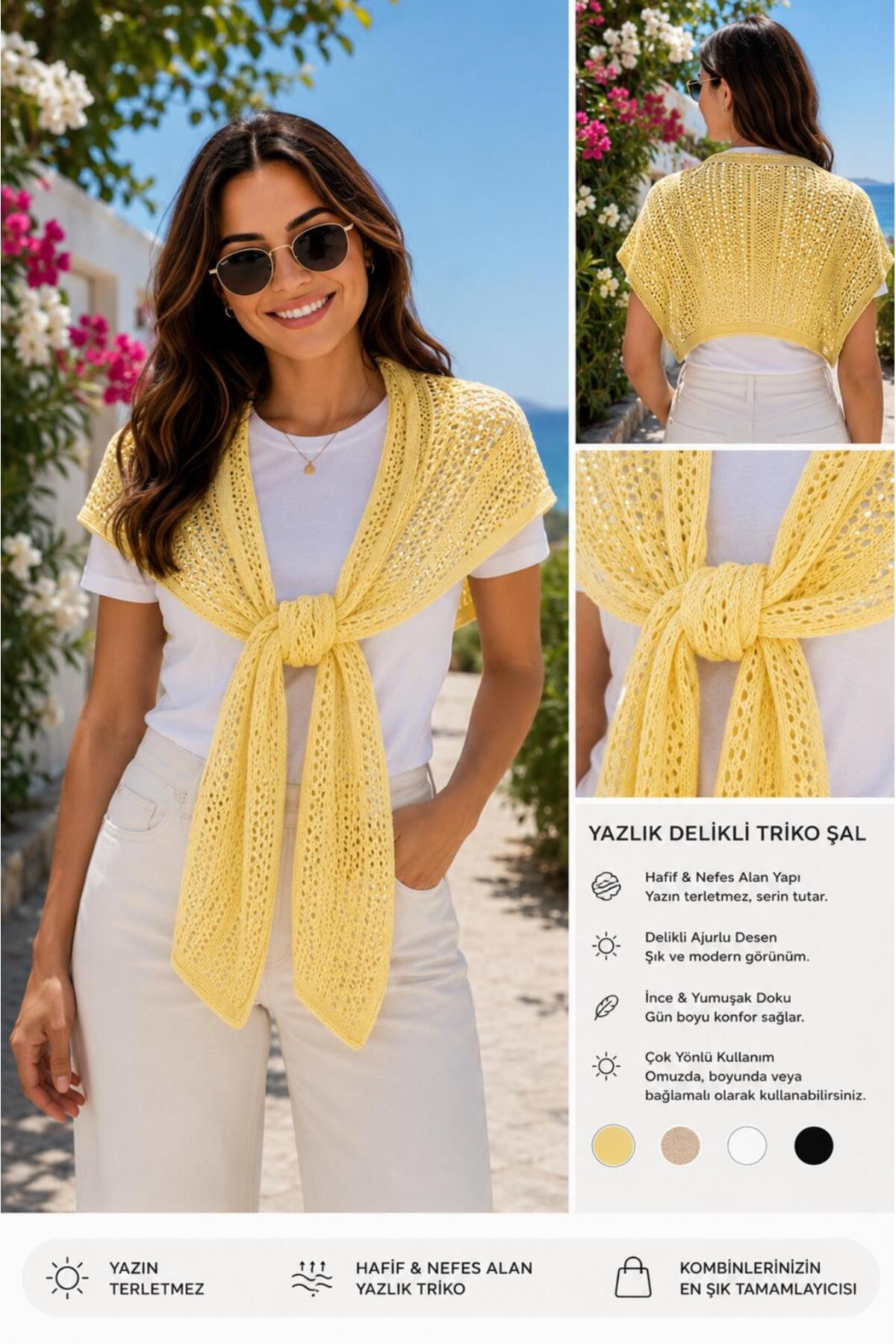 esma trend Kare Parçalı Ajurlu Patchwork Atkı-Spor Triko Örme Omuz Yazlık İnce Atkısı Boho Şal-Atkı görsel 2