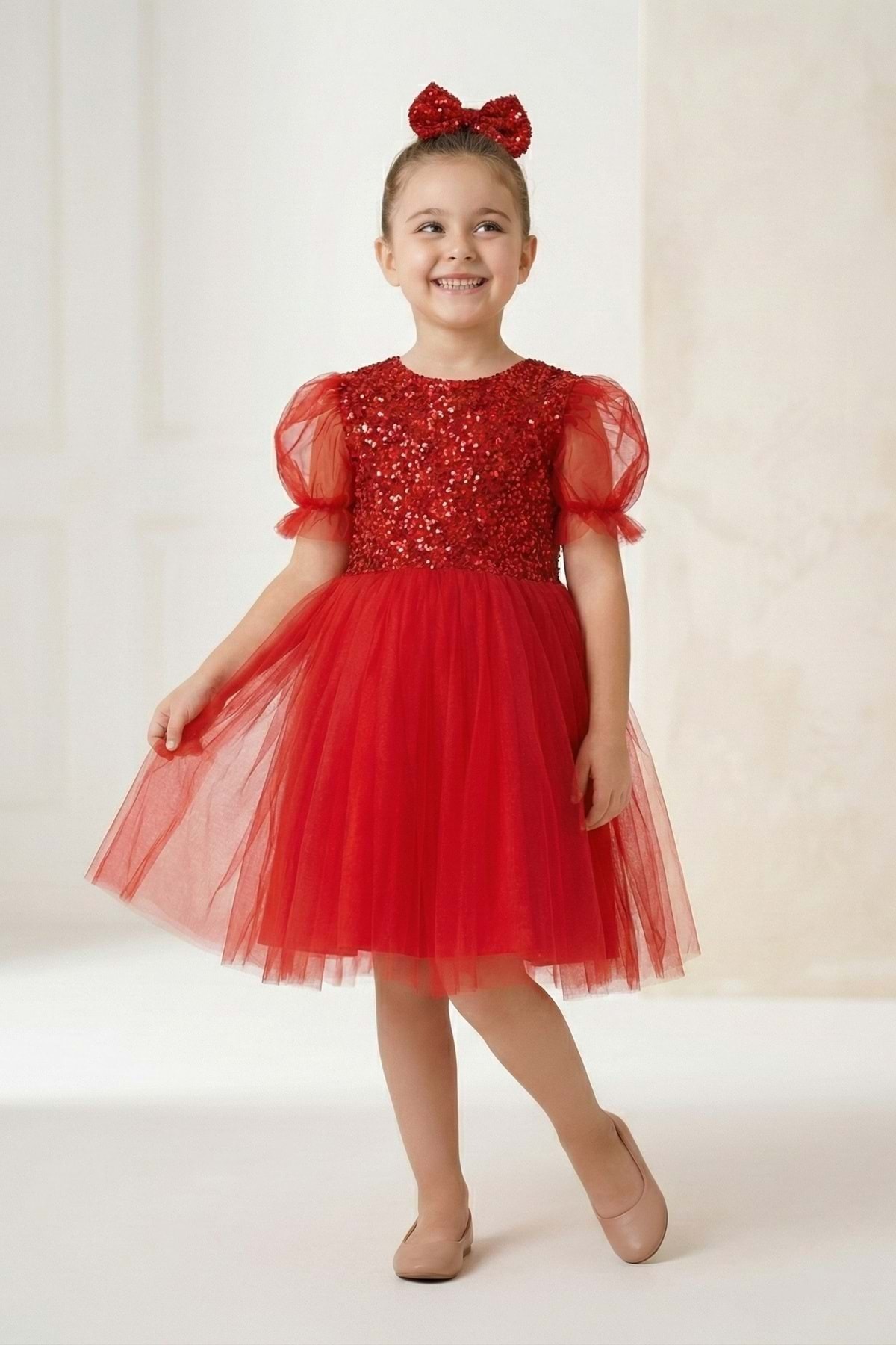 Mnk Baby&Kids Balon Kol Pul Payet Kız Çocuk Tütü Elbise M00751 KIRMIZI